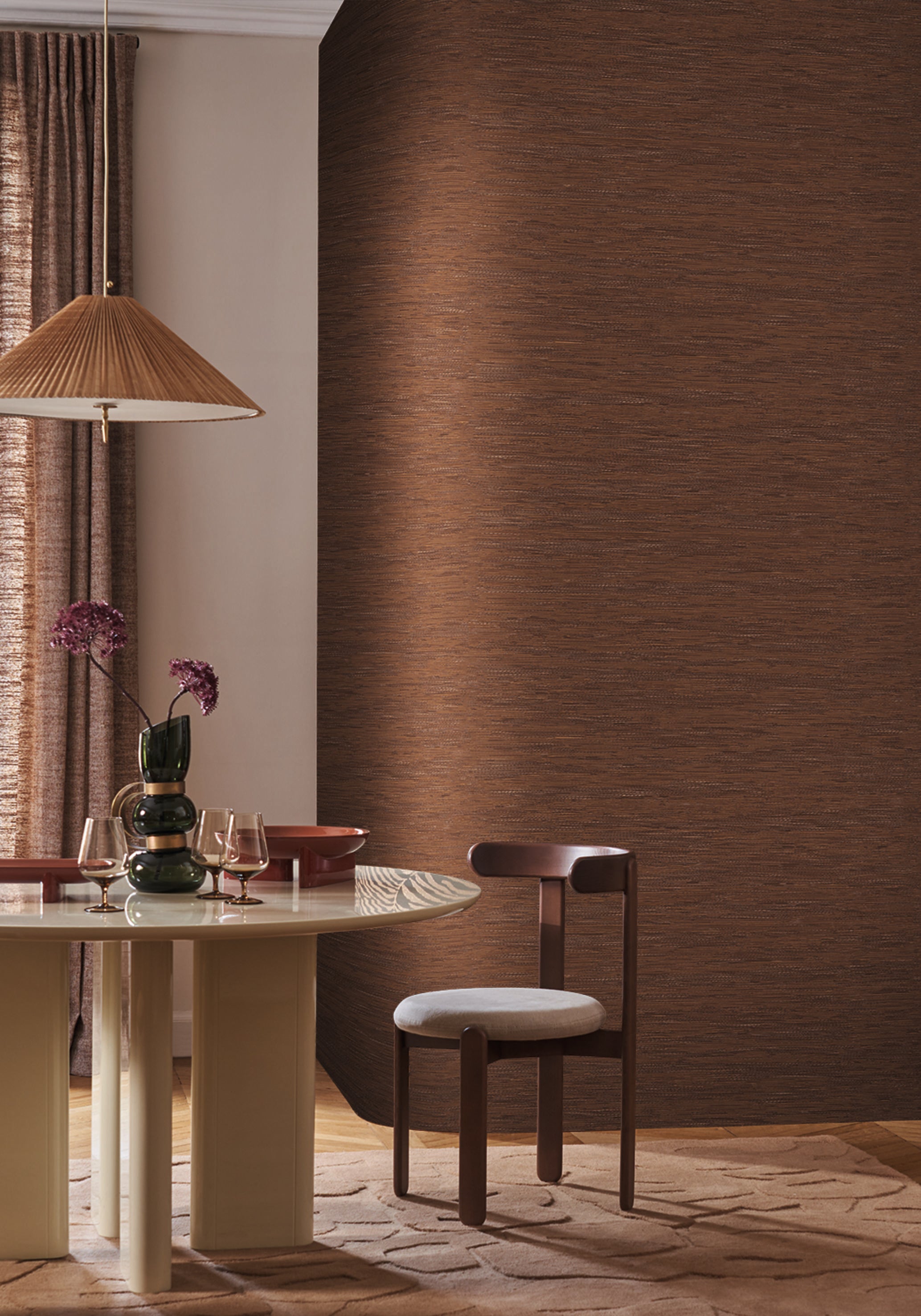 Textured wallpaper resembling jacquard fabric TATAMI - COGNAC brown