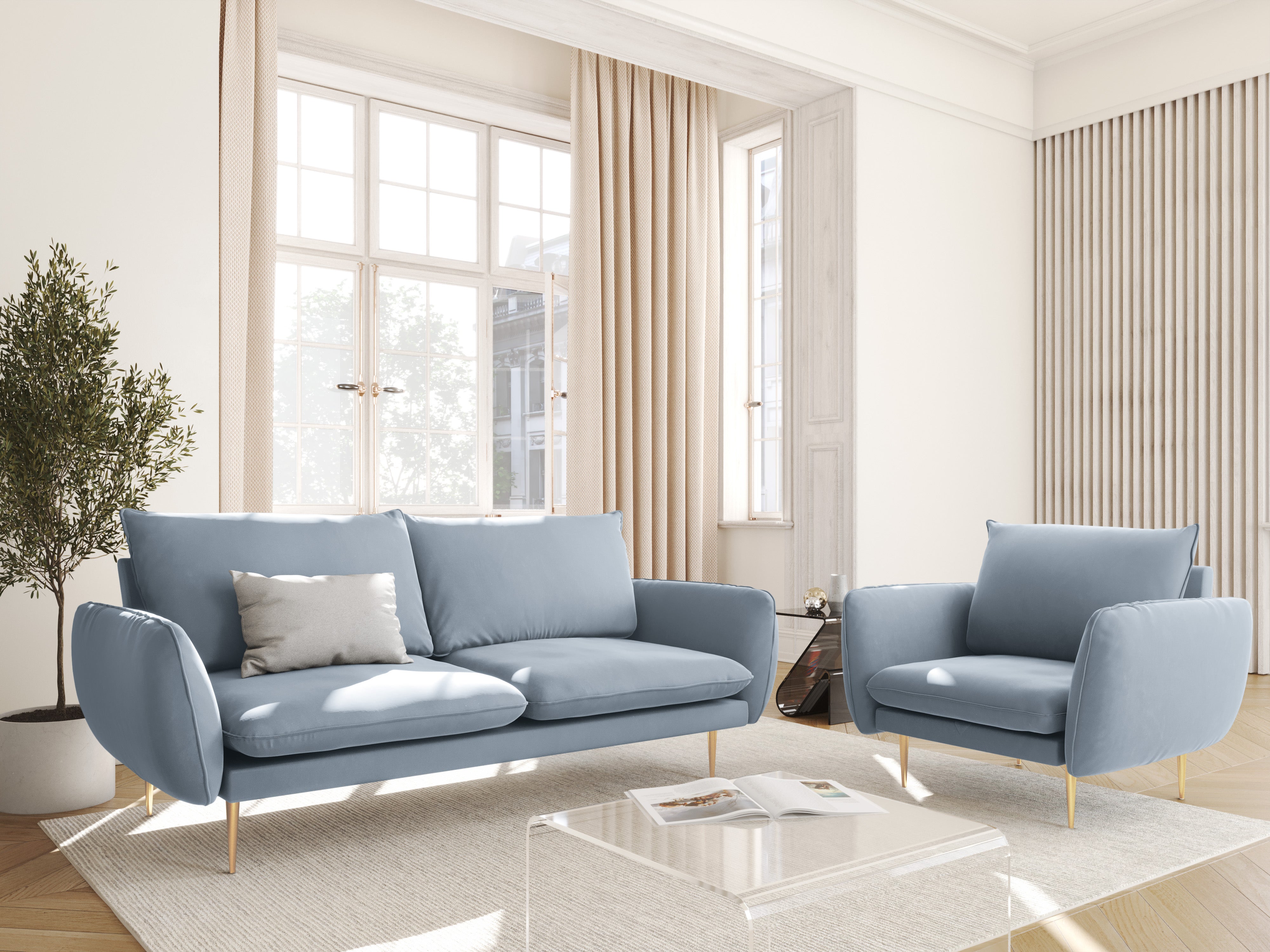 Velvet 2-seater Sofa VIENNA light blue with a gold base