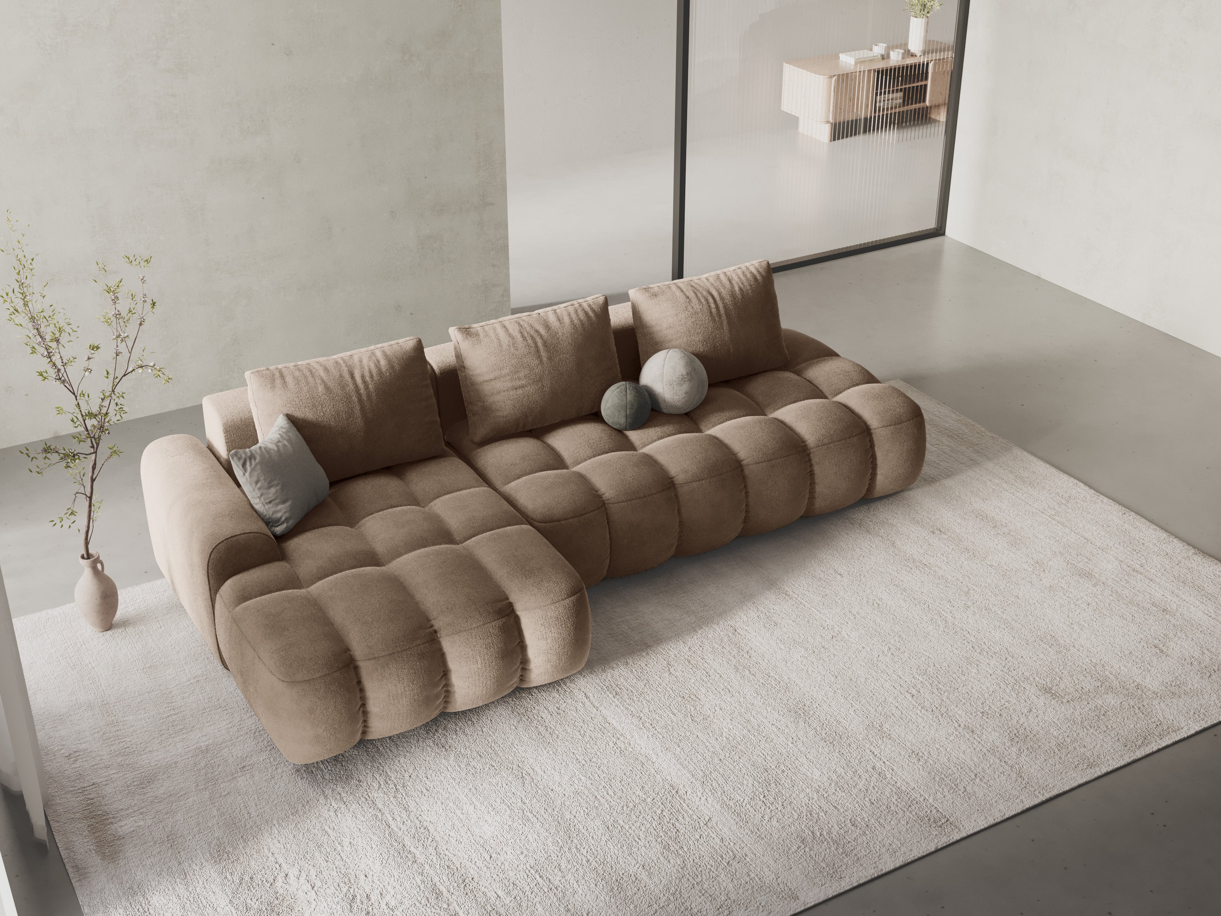 Left-facing velvet corner sofa bed for 3 people LINZ in dark beige