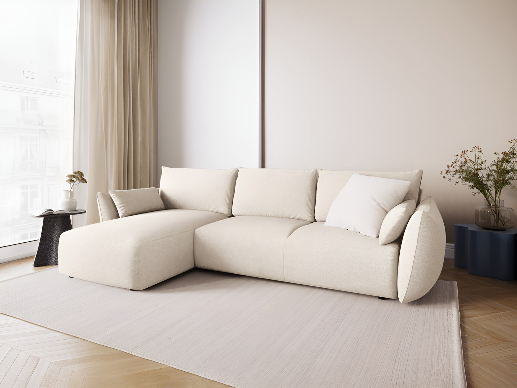 Links hoeksalon met slaapfunctie MATERA lichtbeige chenille