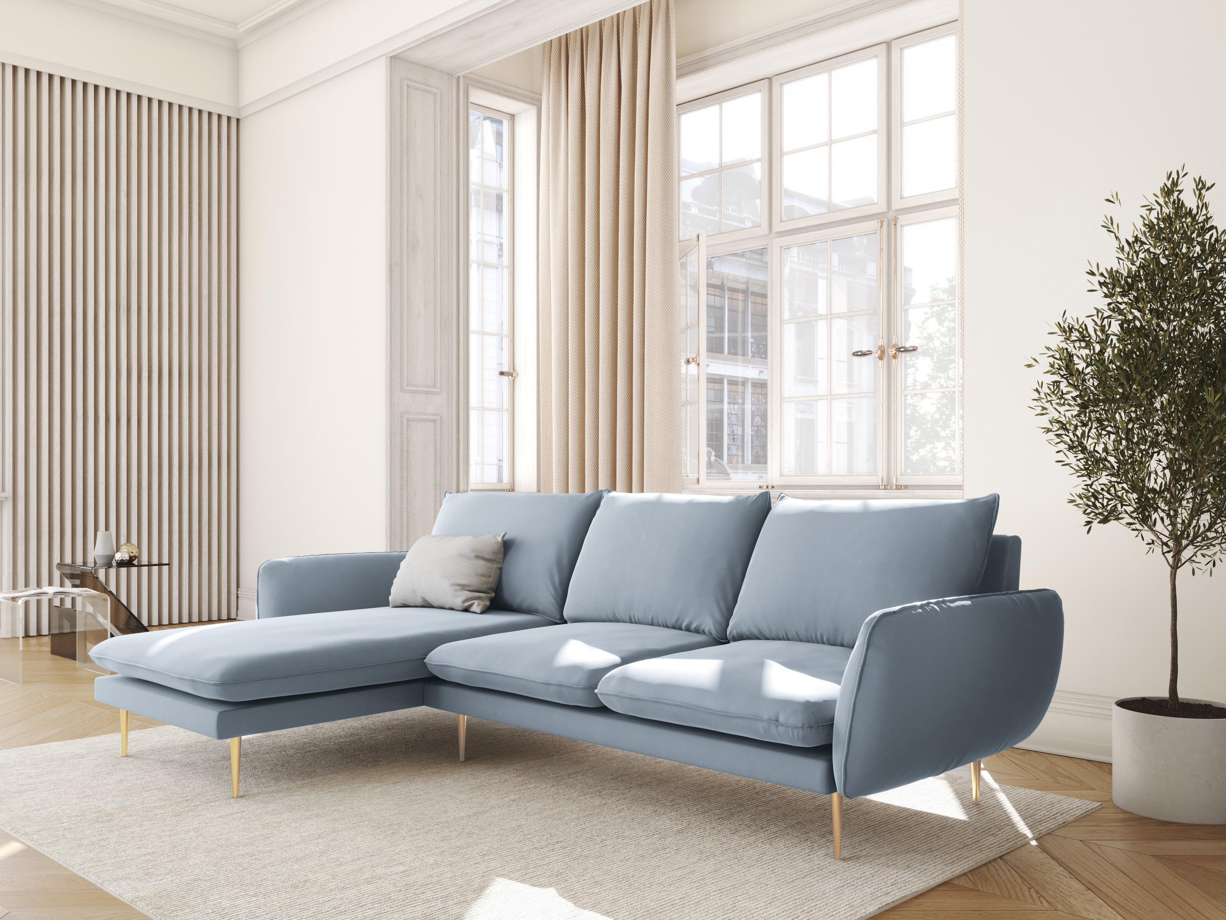 Samt-Ecksofa linksseitig für 5 Personen VIENNA hellblau mit goldenem Fuß