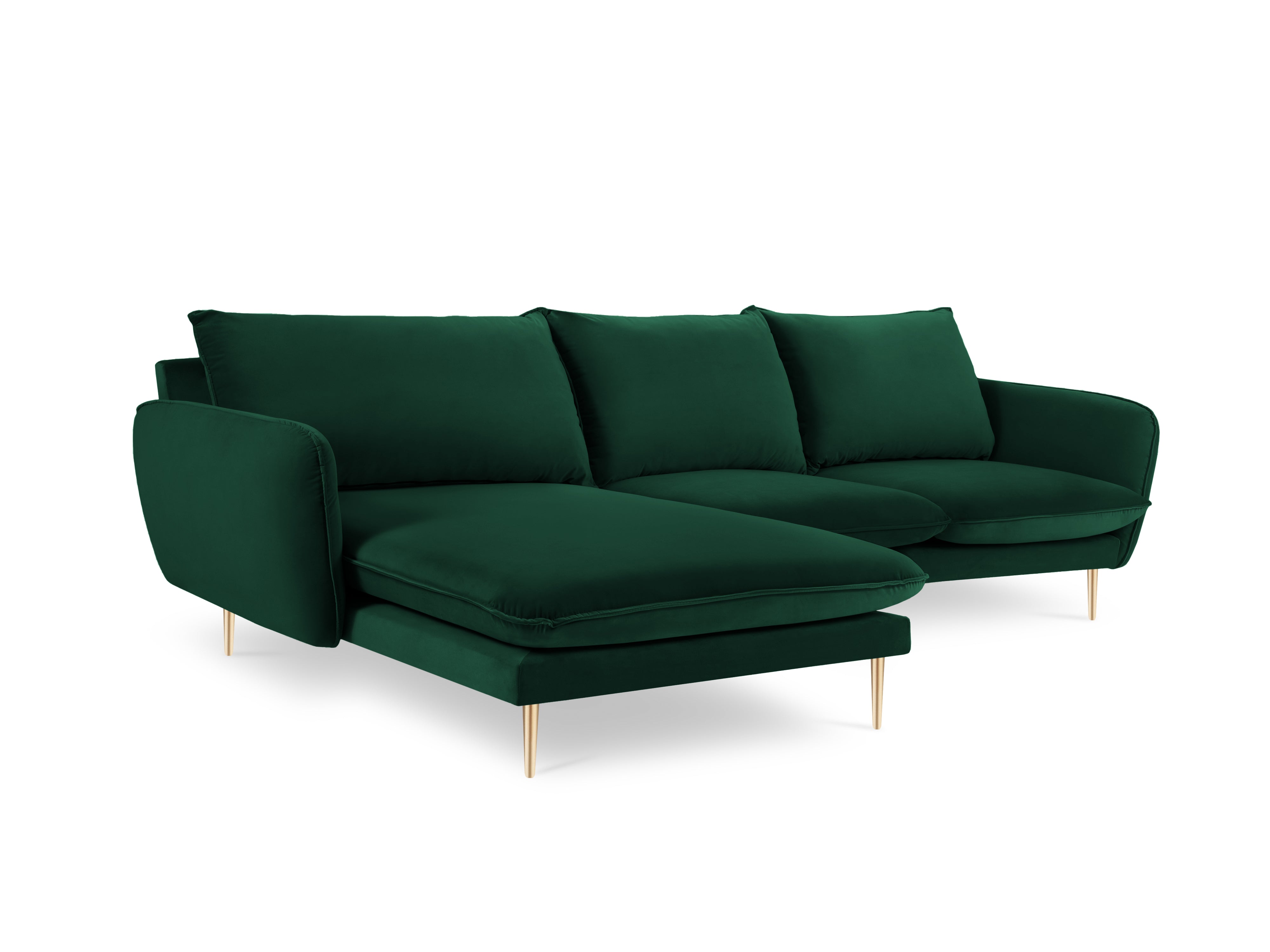 Left-facing velvet corner sofa for 5 people VIENNA in bottle green with a gold base