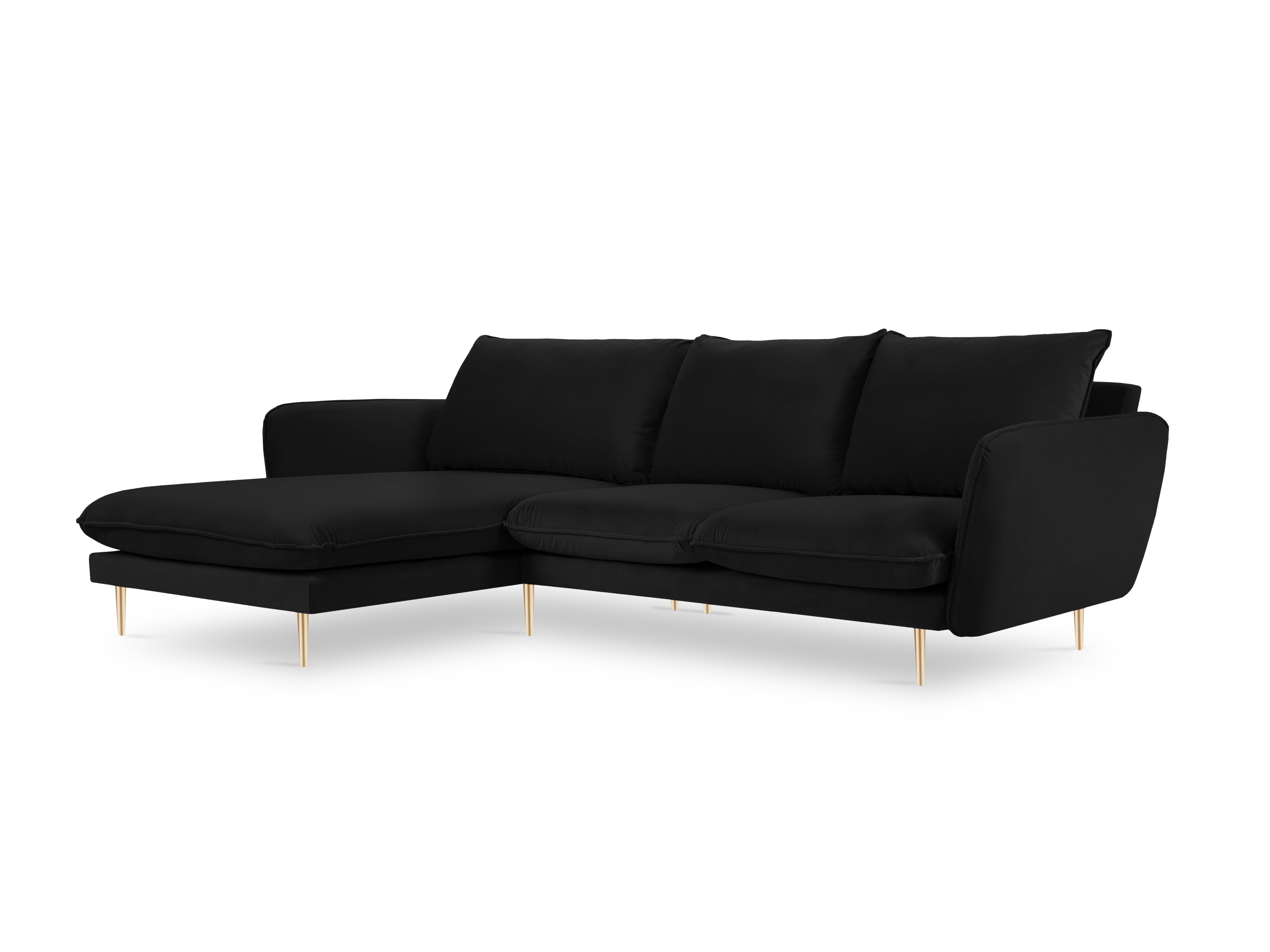 Samt-Ecksofa linksseitig für 5 Personen VIENNA schwarz mit goldenem Fuß