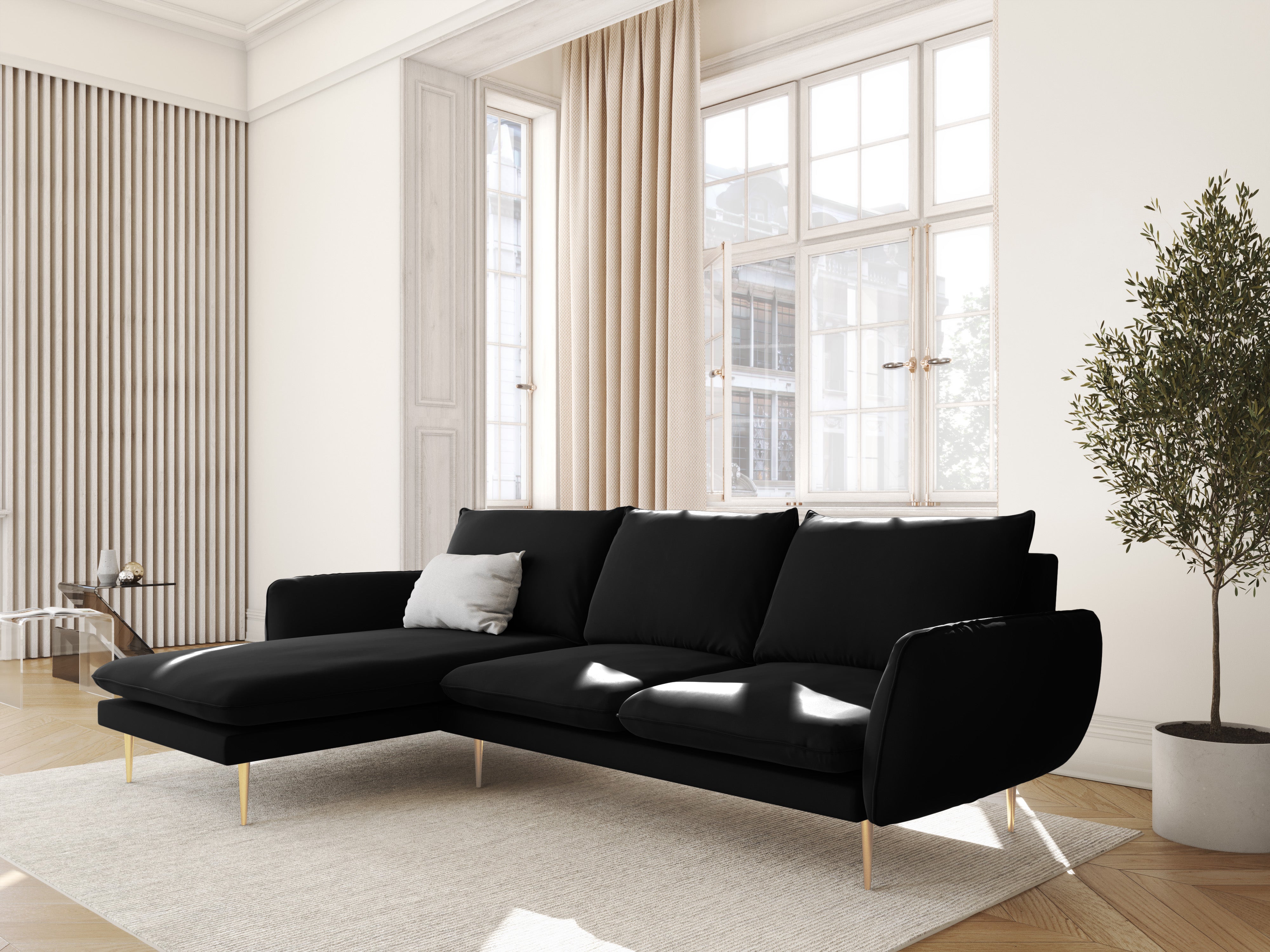 Samt-Ecksofa linksseitig für 5 Personen VIENNA schwarz mit goldenem Fuß