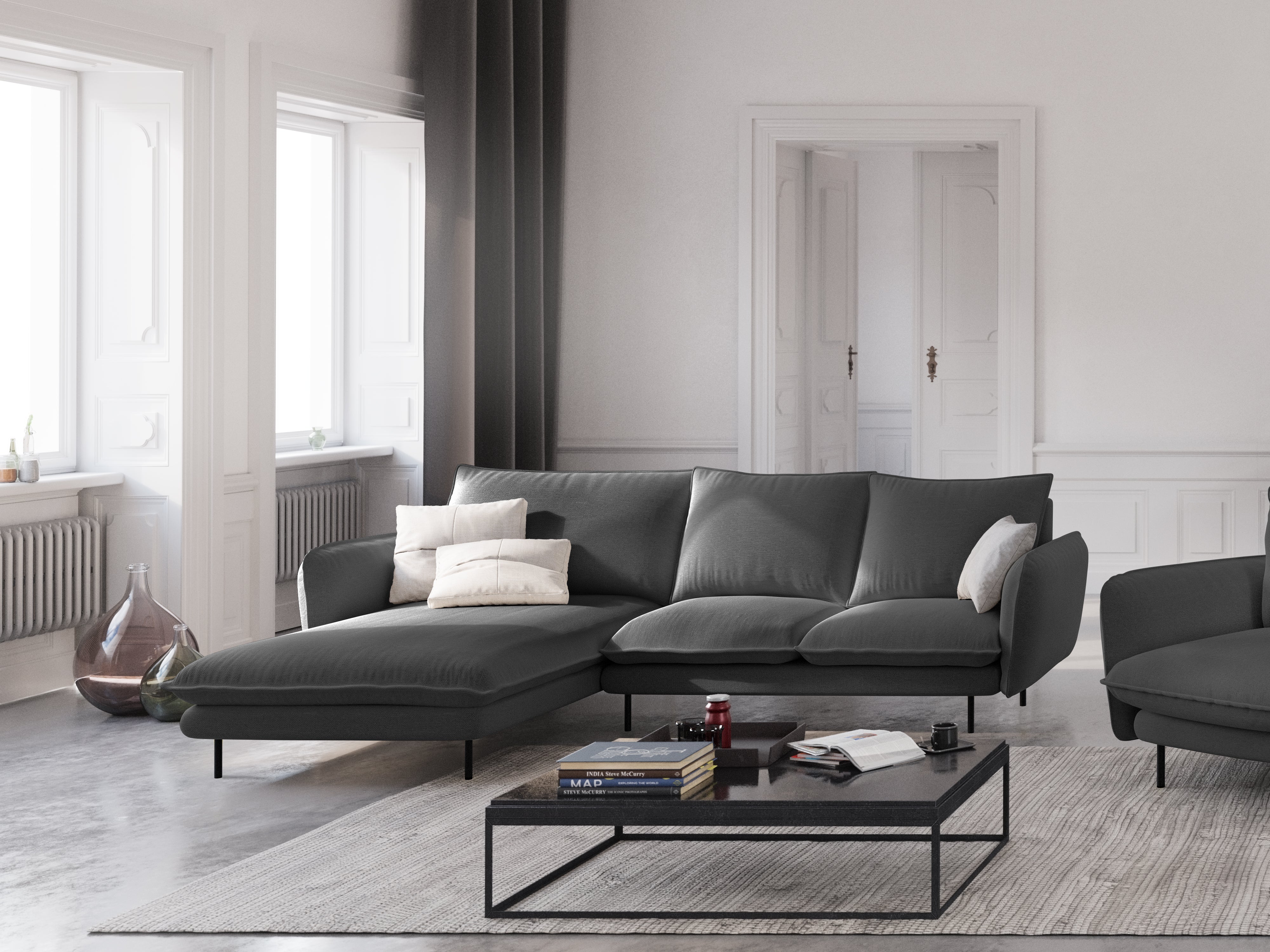 Left-facing 6-seater corner sofa VIENNA in gray chenille with a black base