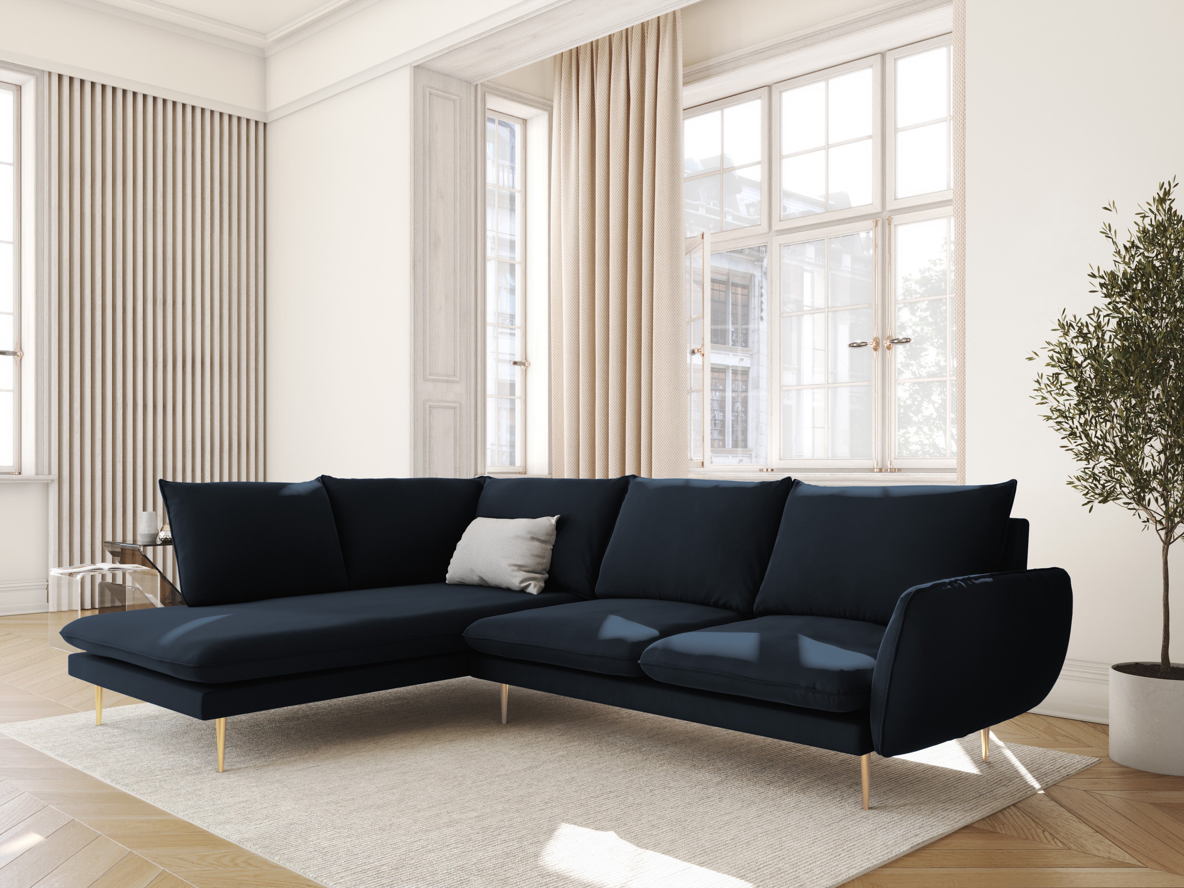 Left-facing velvet corner sofa for 5 people VIENNA in dark blue with a gold base