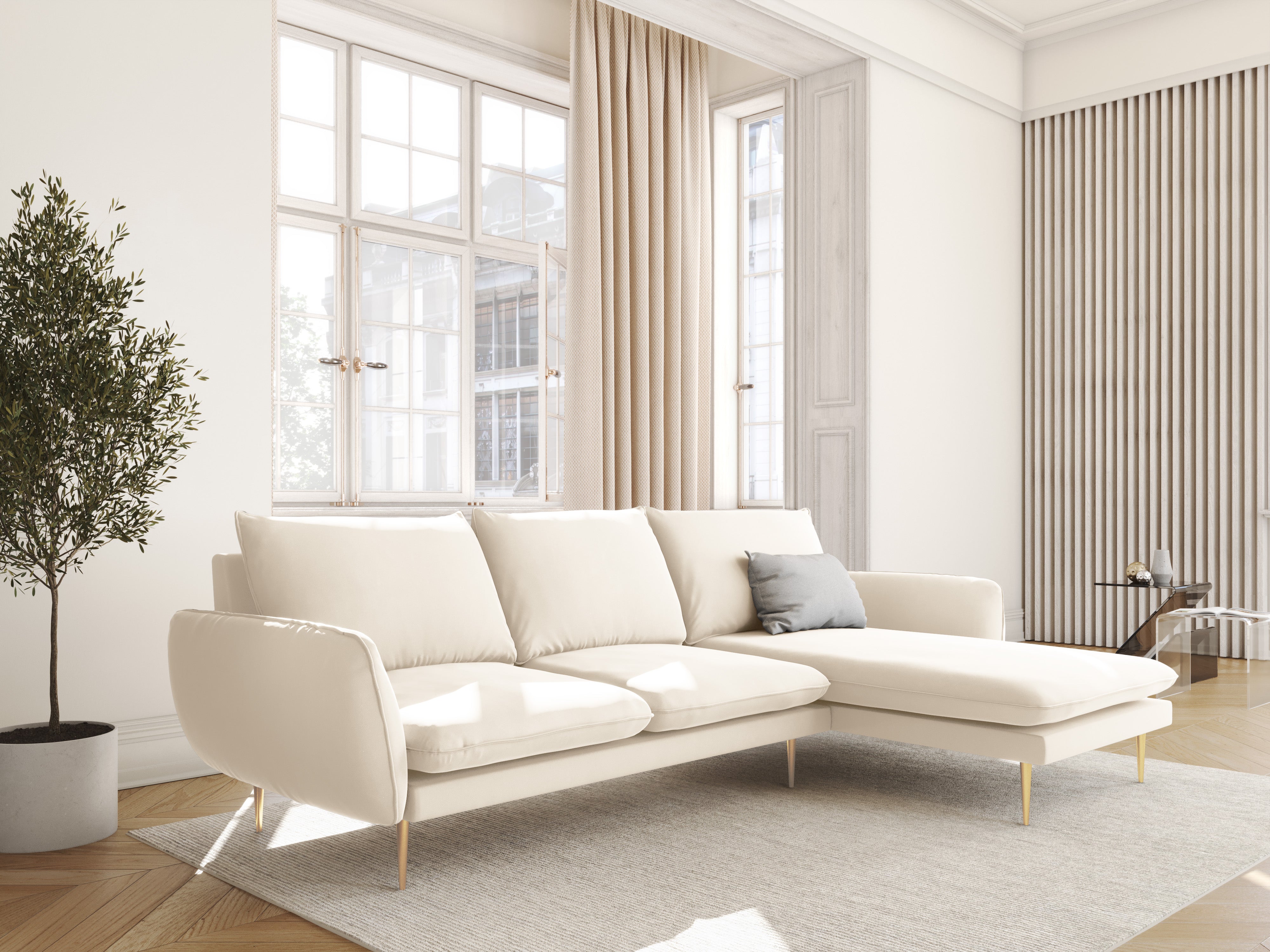Beige Samt-Ecksofa für 5 Personen VIENNA mit goldener Basis