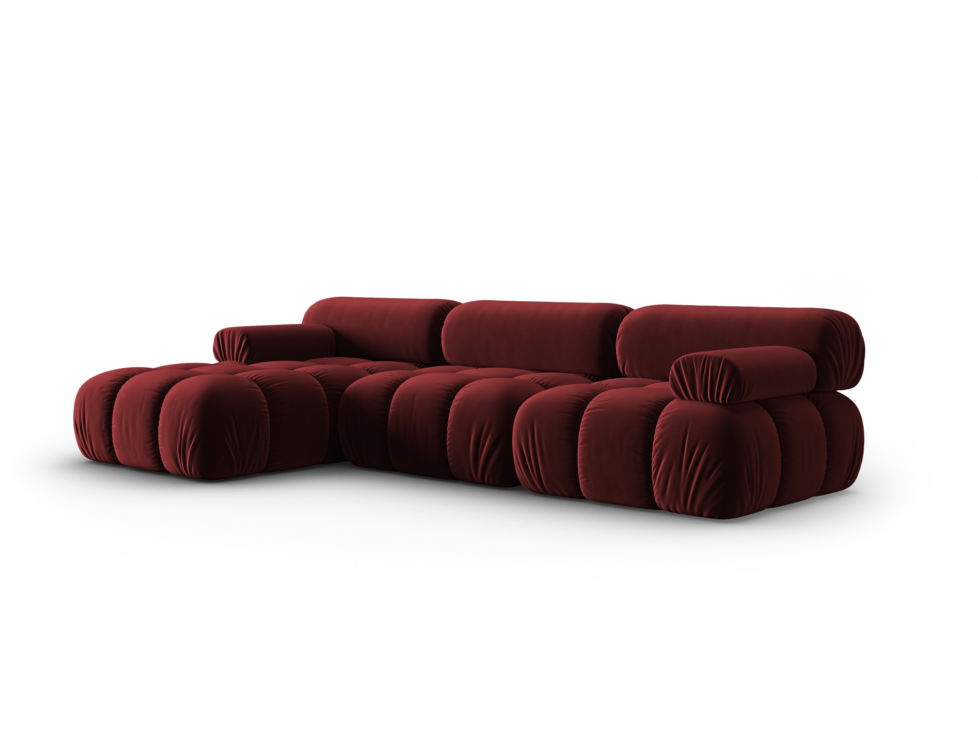Velvet hoekbank voor 4 personen, links CORTINA, wijnrood