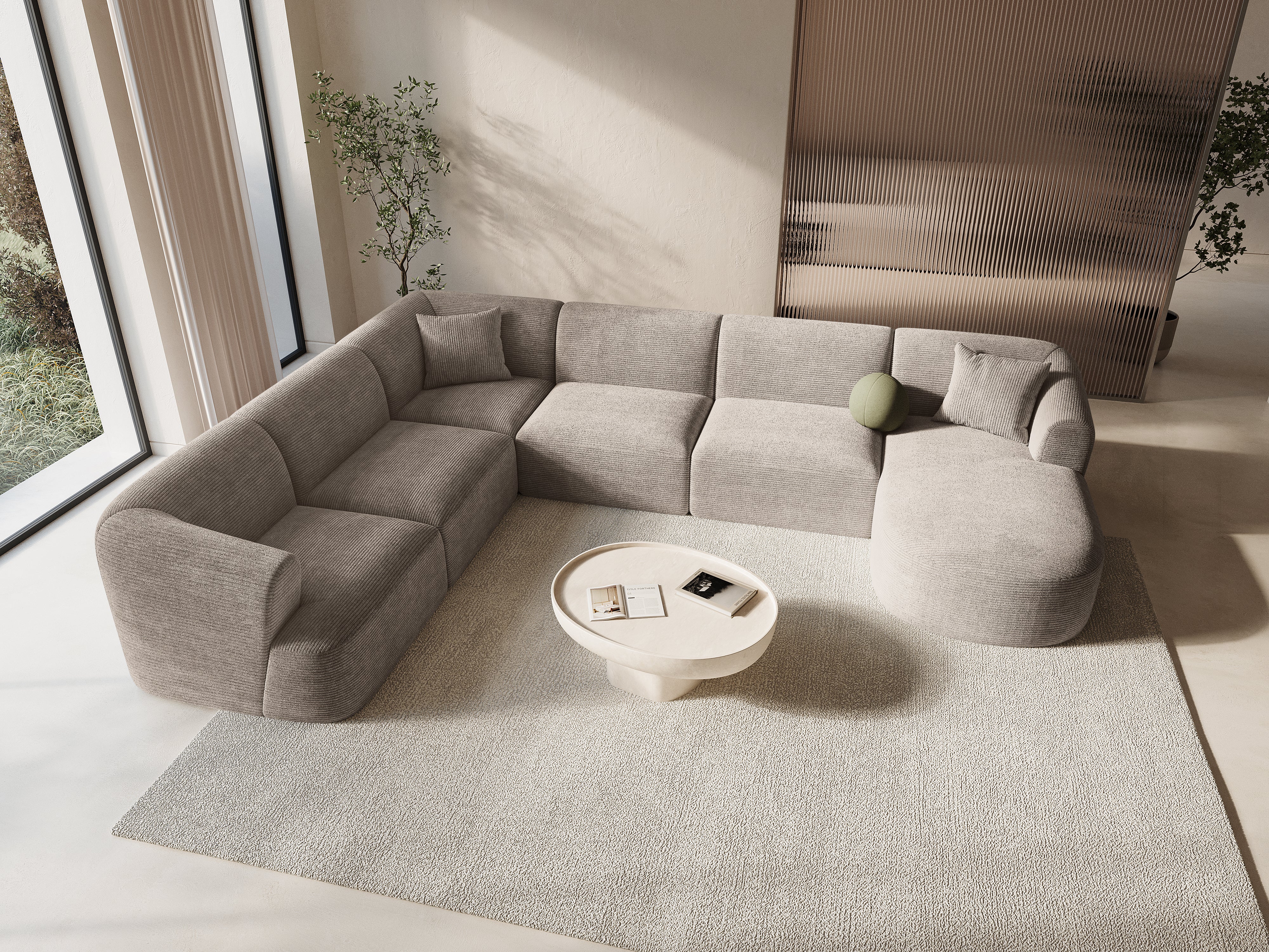 Linksseitiges Panoramabettsofa für 7 Personen CAMPI beige Cord