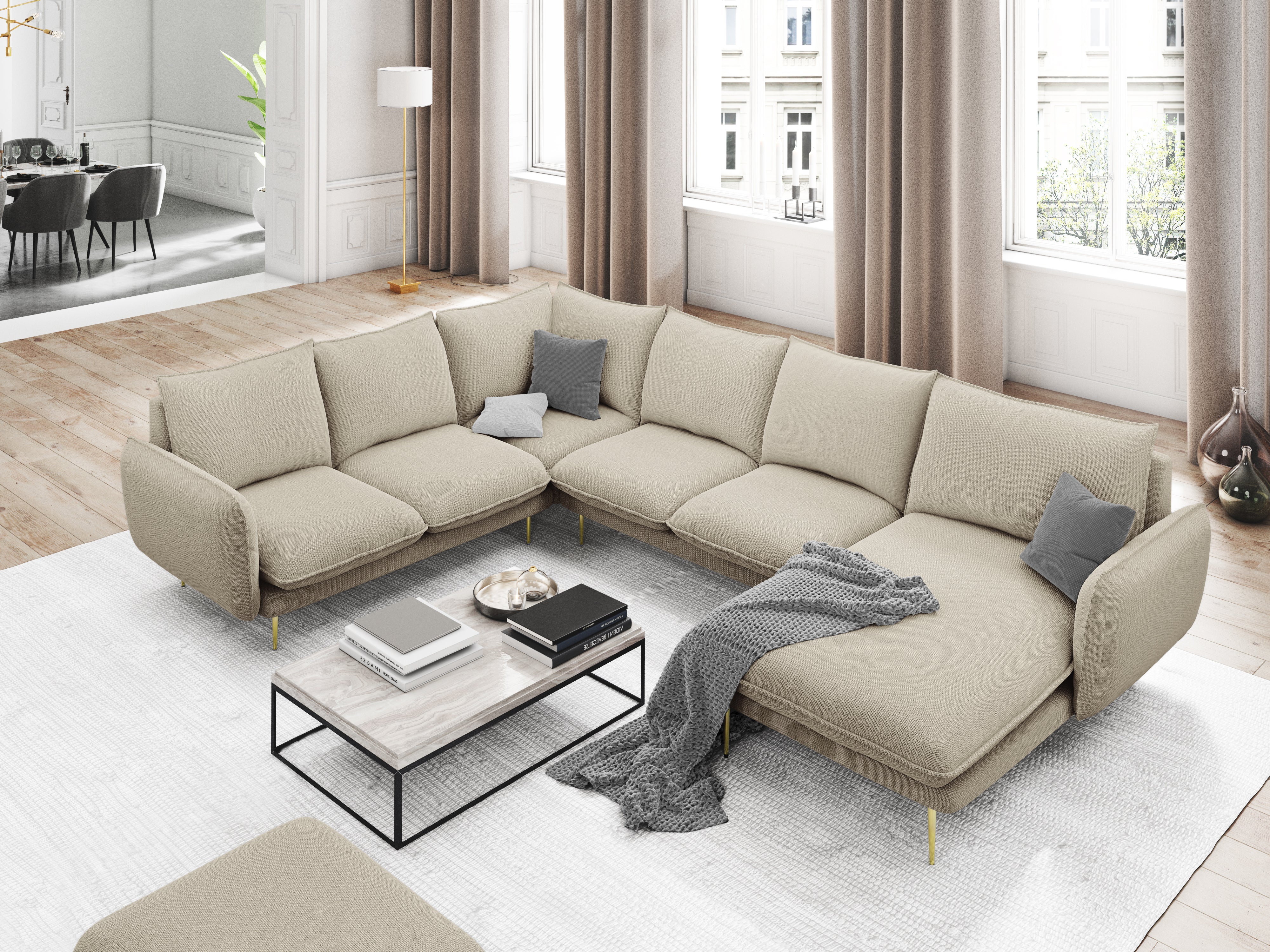 Left-facing velvet panoramic corner sofa for 7 people VIENNA in light gray with a black base