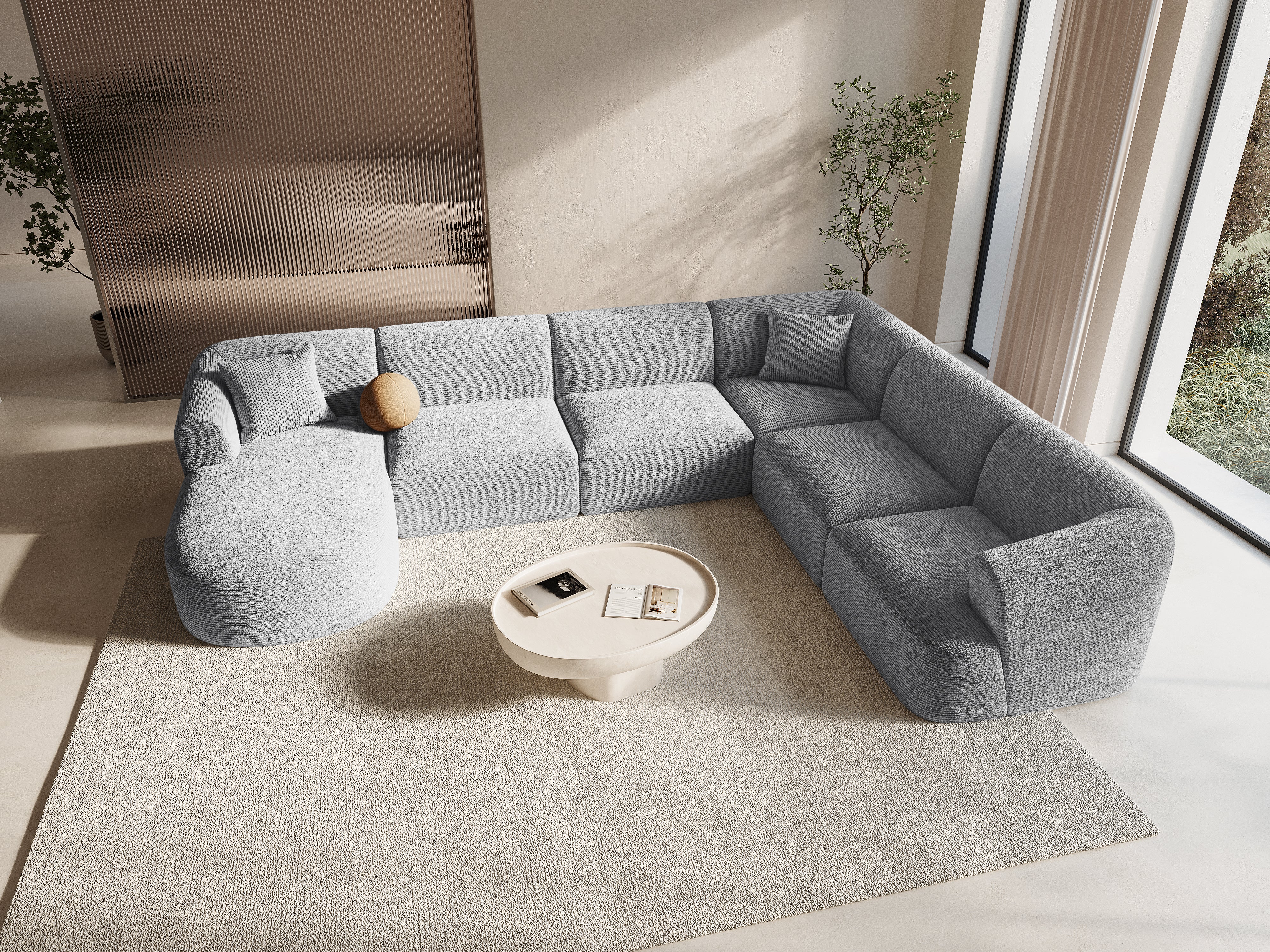 Rechthoekige panoramische hoekbank voor 7 personen CAMPI lichtgrijze corduroy