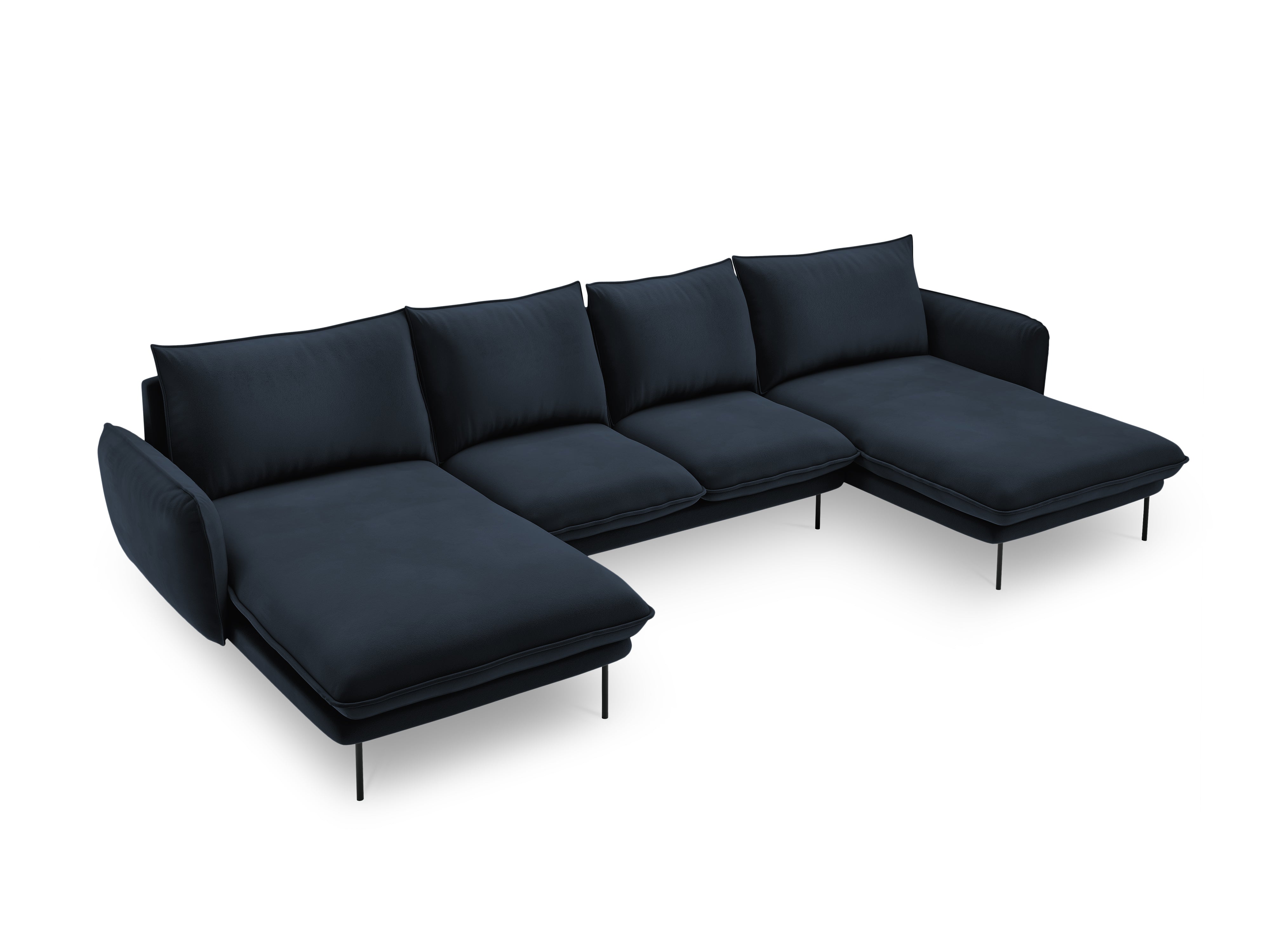 Sofa panoramisch fluweel 6-persoons VIENNA donkerblauw met zwarte basis