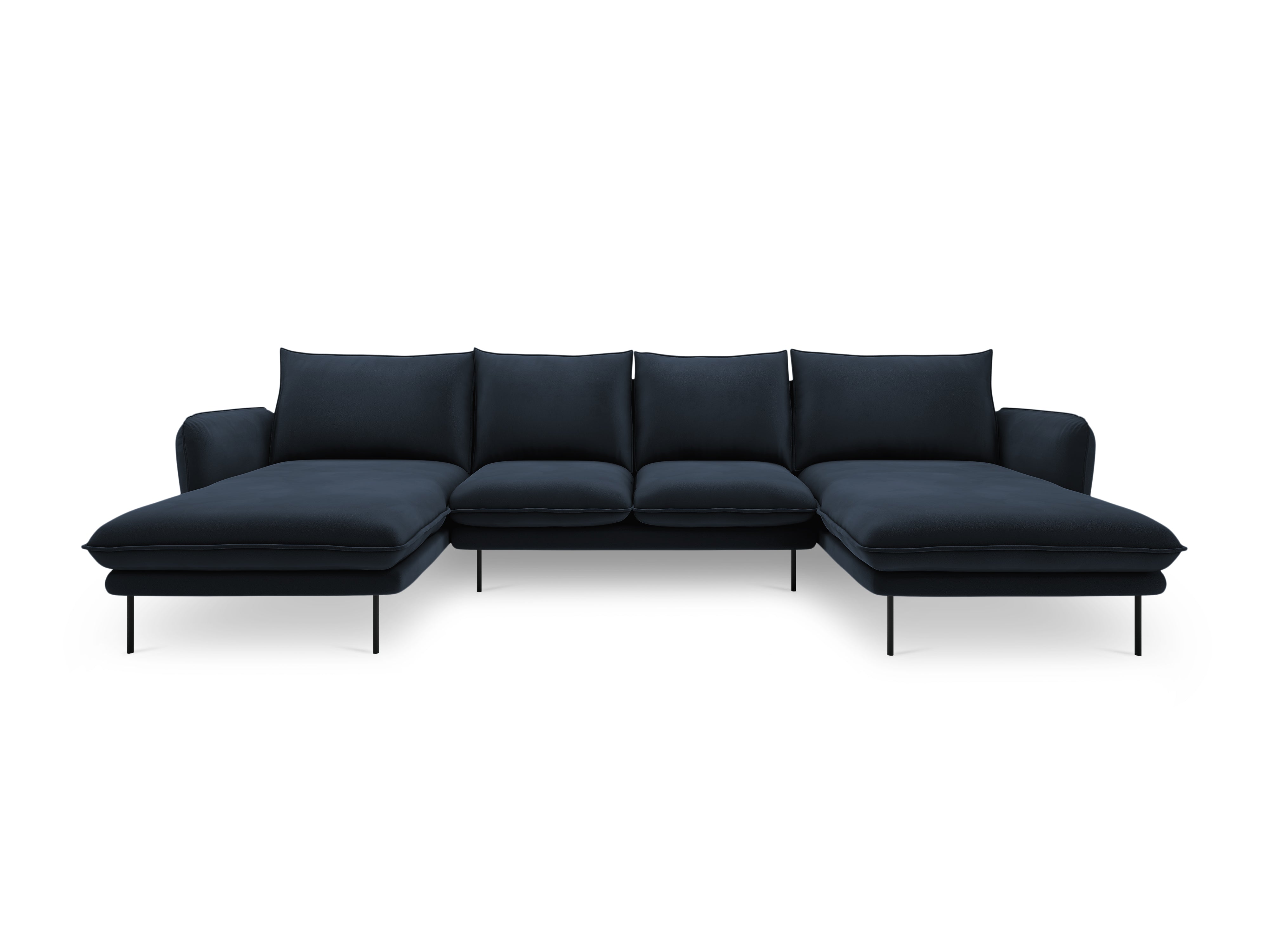 Sofa panoramisch fluweel 6-persoons VIENNA donkerblauw met zwarte basis
