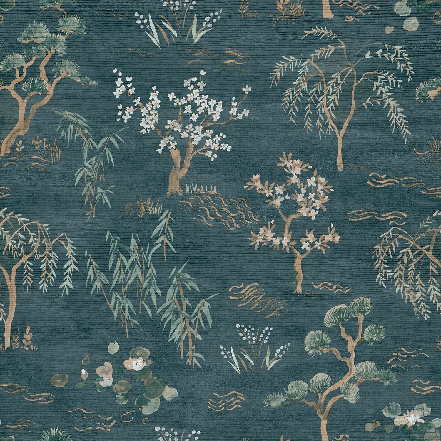 Structural wallpaper with an oriental tree plant motif LEGENDES - PÉTROLE sea green