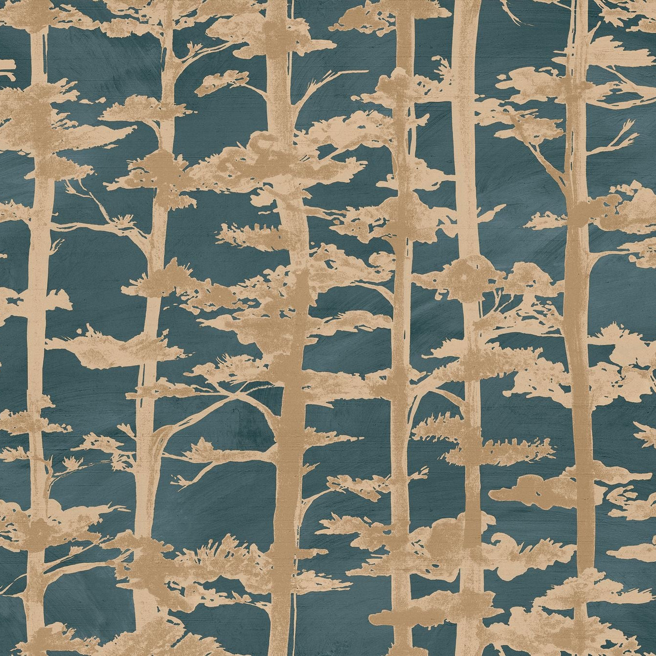 Structural wallpaper with an oriental tree plant motif AME - PETROLE/DORÉ dark beige with sea green