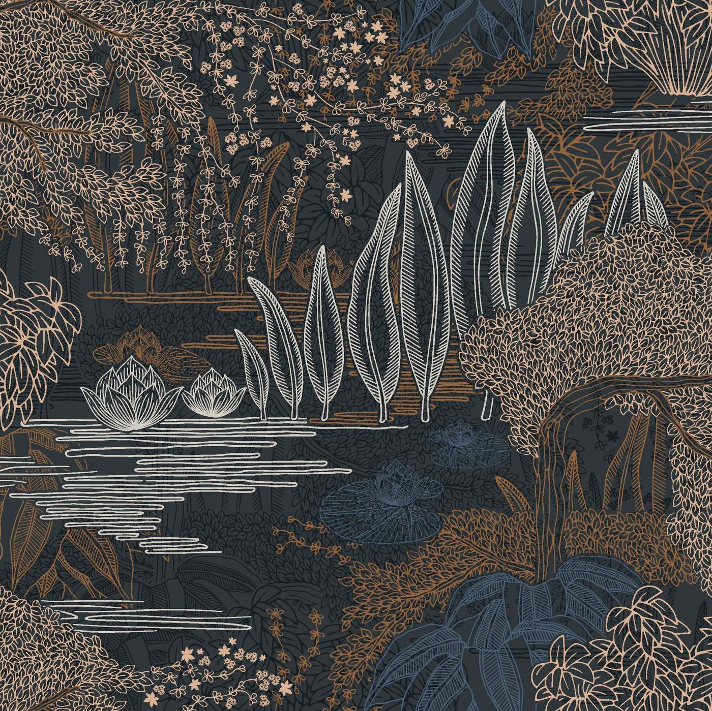 Wallpaper with a plant landscape of a water garden JASMIN - ENCRE/CUIVRE black with brown
