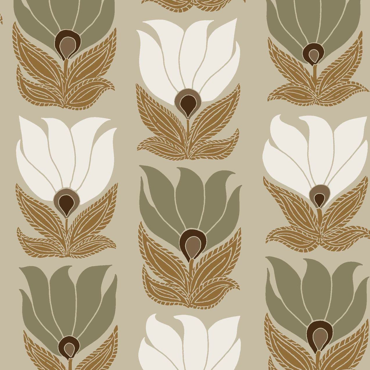 Wallpaper with a floral plant motif DAUPHINE - GREGE/GREEN CLAY dark beige with green