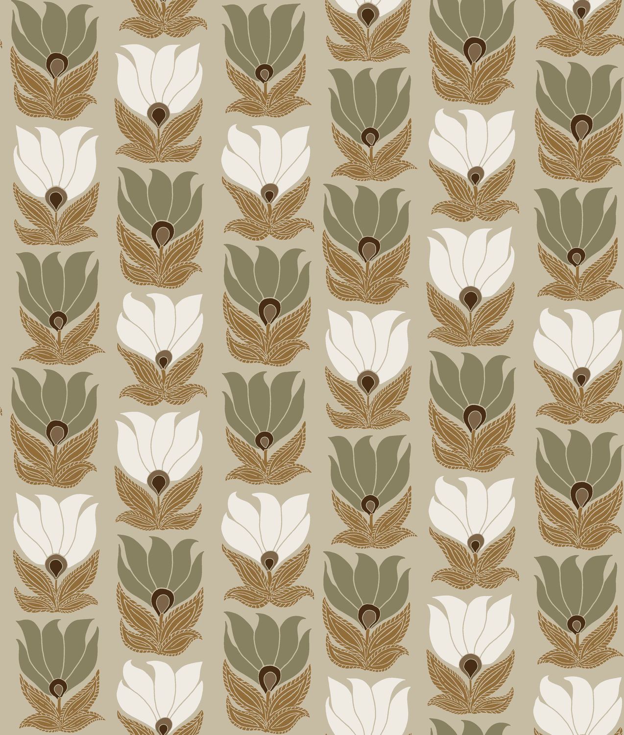 Wallpaper with a floral plant motif DAUPHINE - GREGE/GREEN CLAY dark beige with green