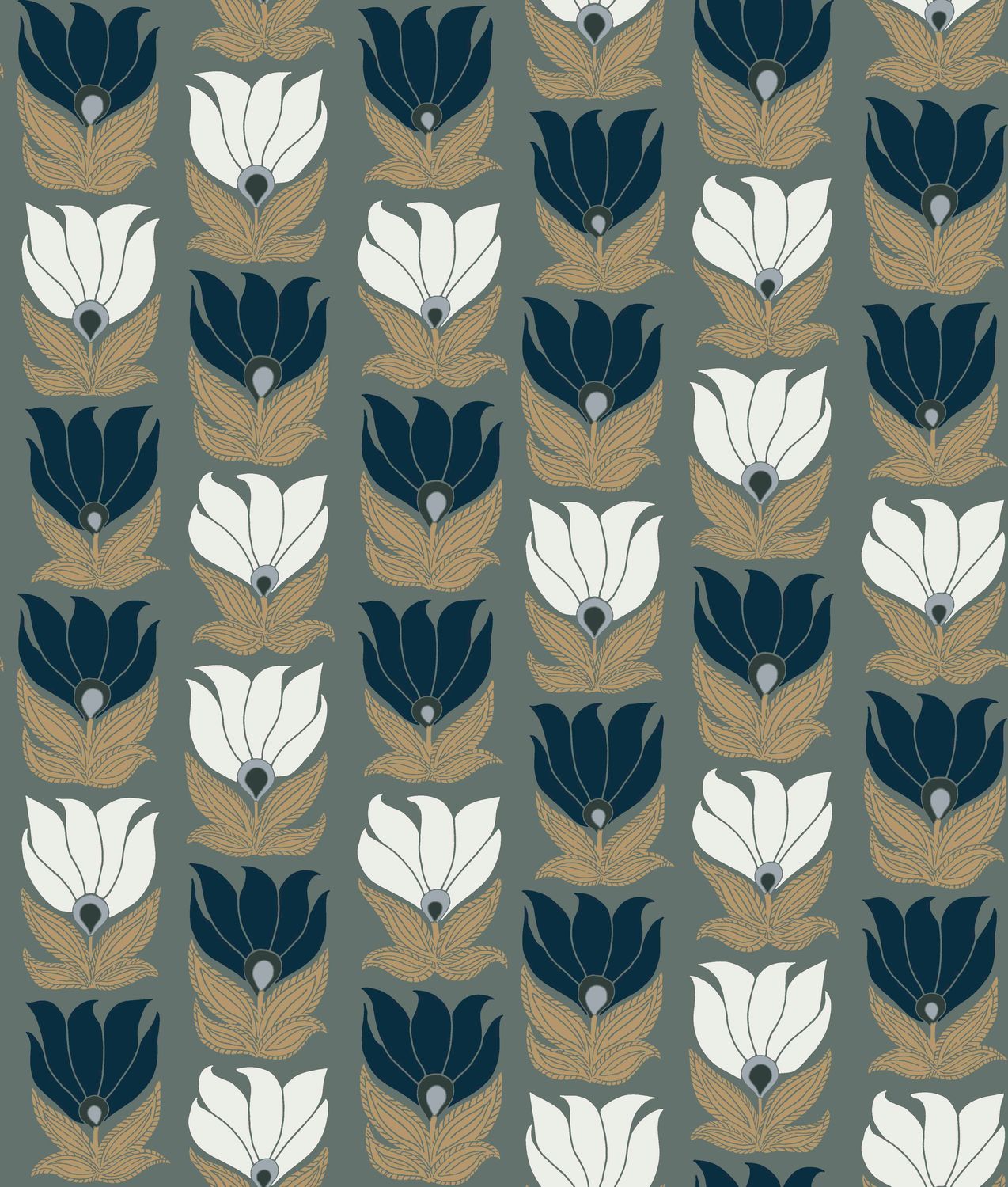 Wallpaper with a floral plant motif DAUPHINE - GREEN WITH GOLD/BLUE