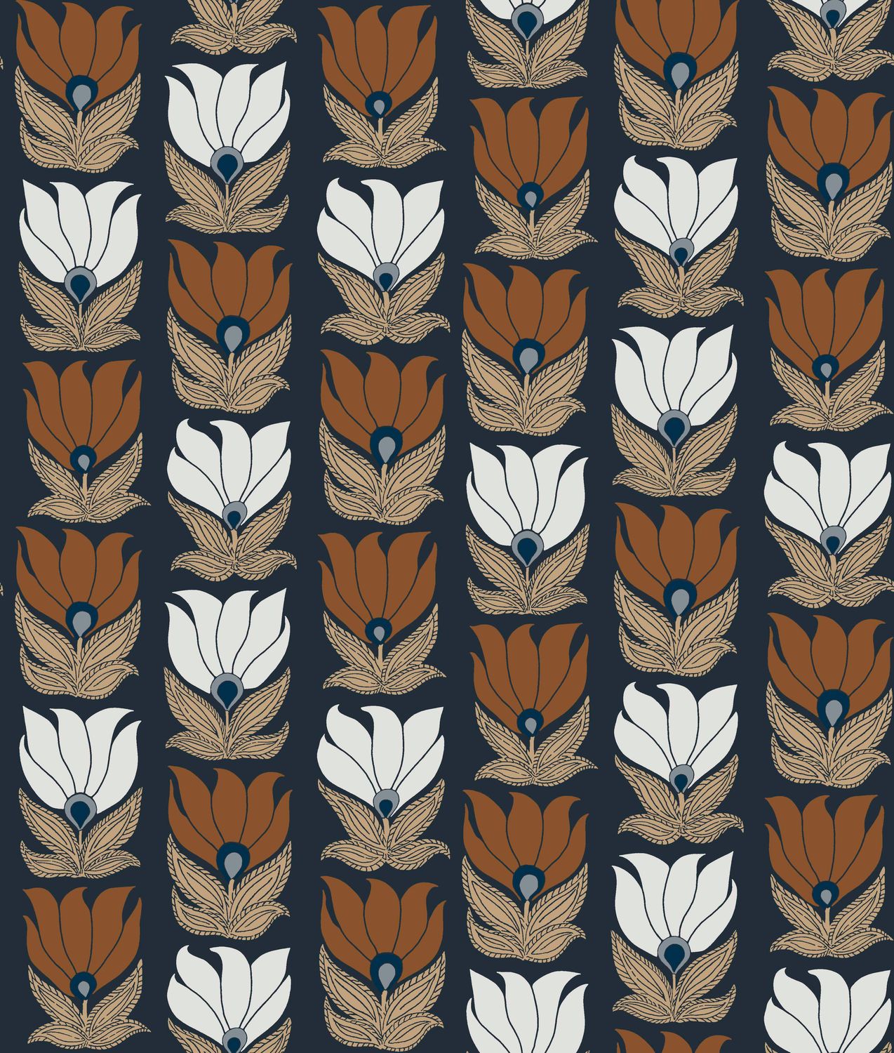 Wallpaper with a floral plant motif DAUPHINE - MARINE/GOLD navy blue with gold and orange