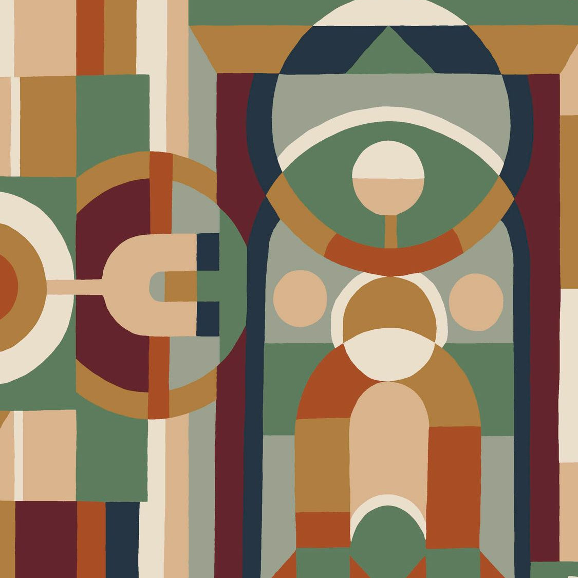 Geometrisch glas-in-lood behang VITRAIL - MULTICO oranje met groen en bordeaux