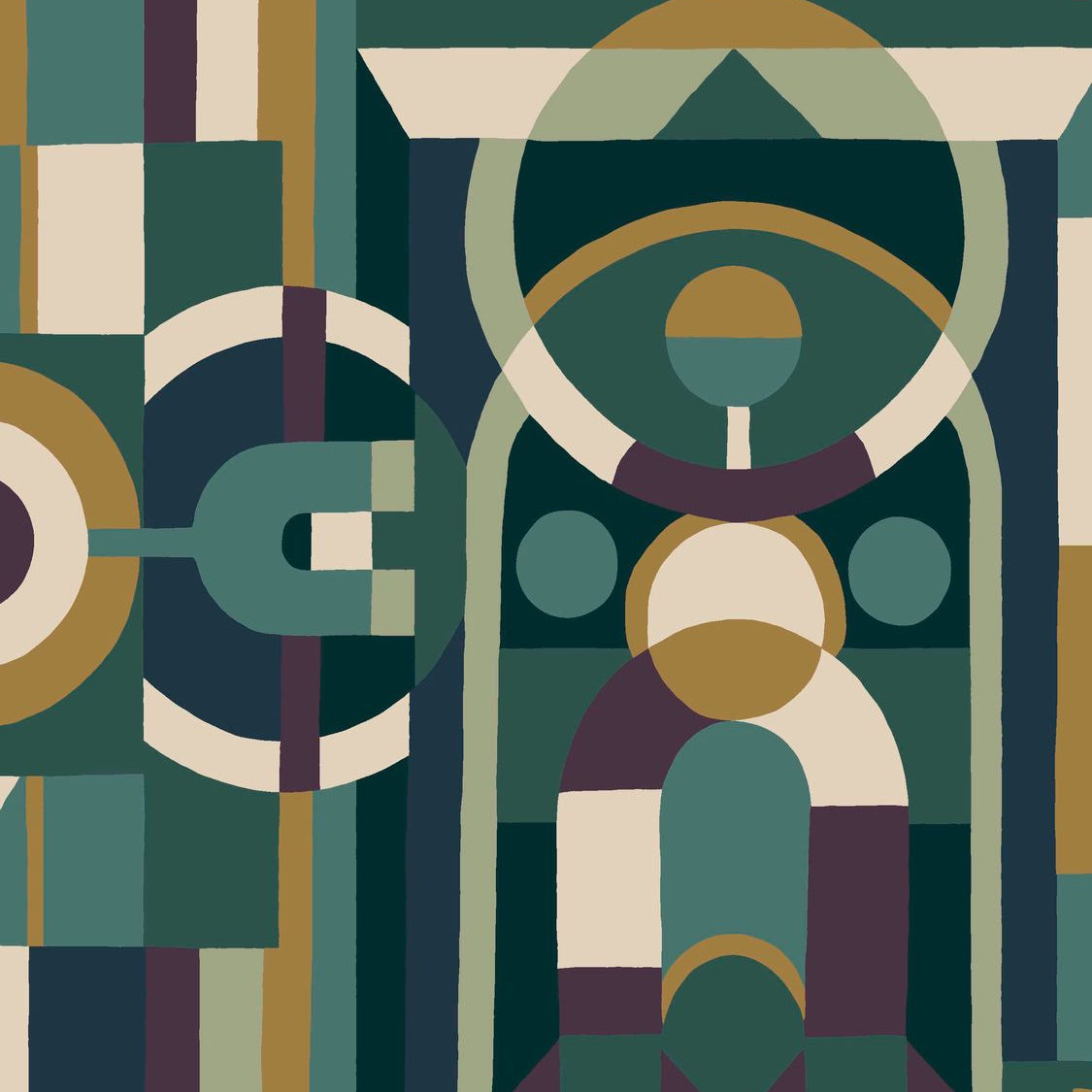 Behang met geometrisch glas-in-loodmotief VITRAIL - ÉMERAUDE/VIOLET smaragdgroen met paars