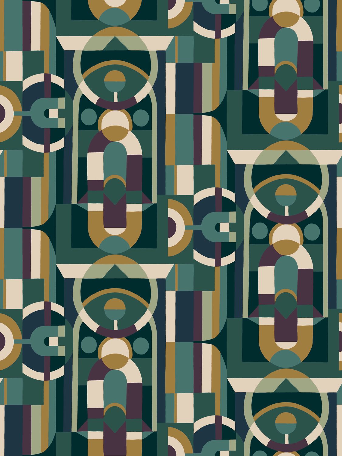 Behang met geometrisch glas-in-loodmotief VITRAIL - ÉMERAUDE/VIOLET smaragdgroen met paars