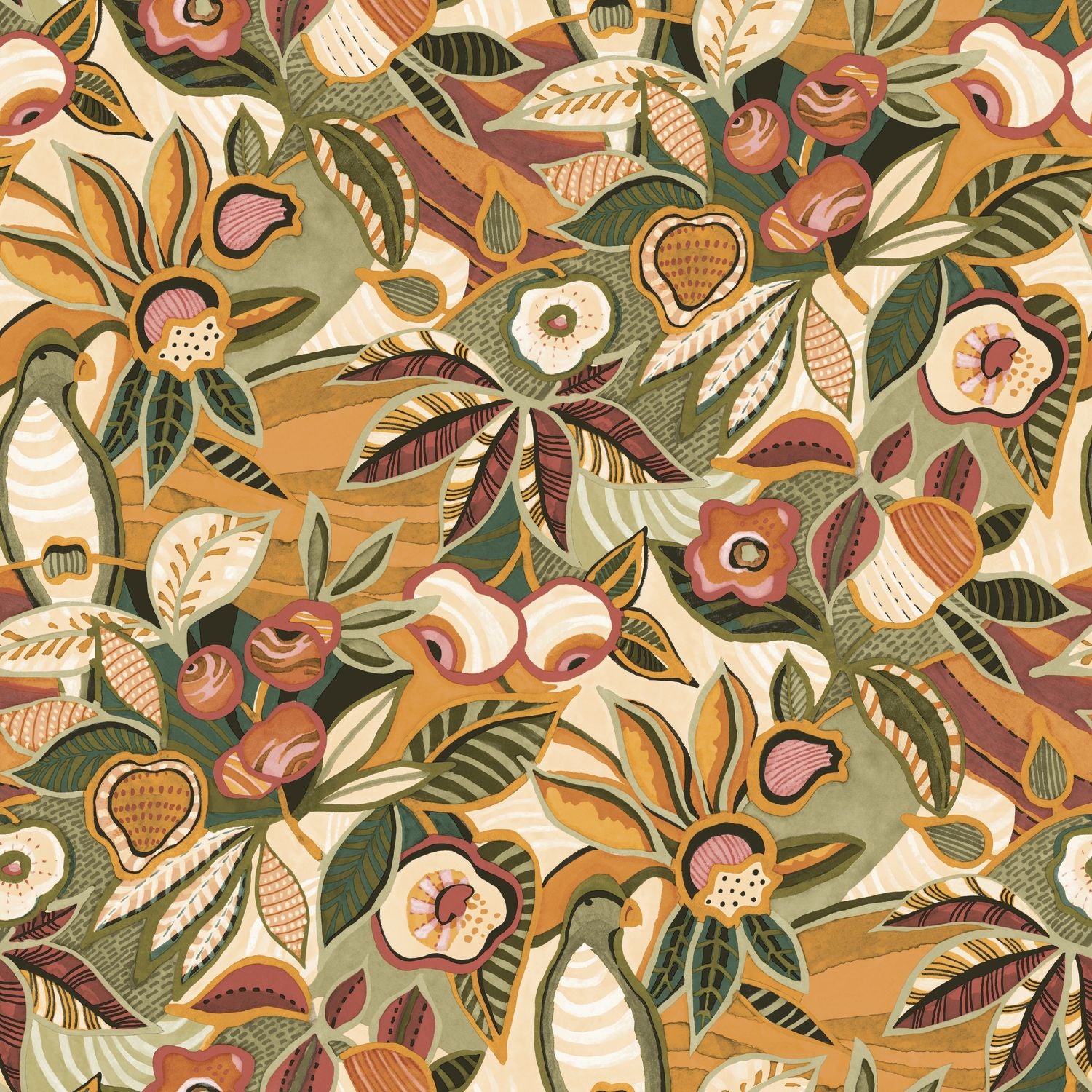 Structuurtapijt met plantaal motief van bladeren en bloemen TEHUANA - KAKI/OCRE khaki met geel