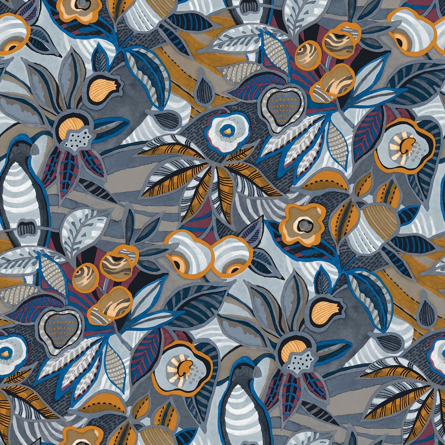 Structuurtapijt met een plantmotief van bladeren en bloemen TEHUANA - MARINE/OCRE blauw met geel