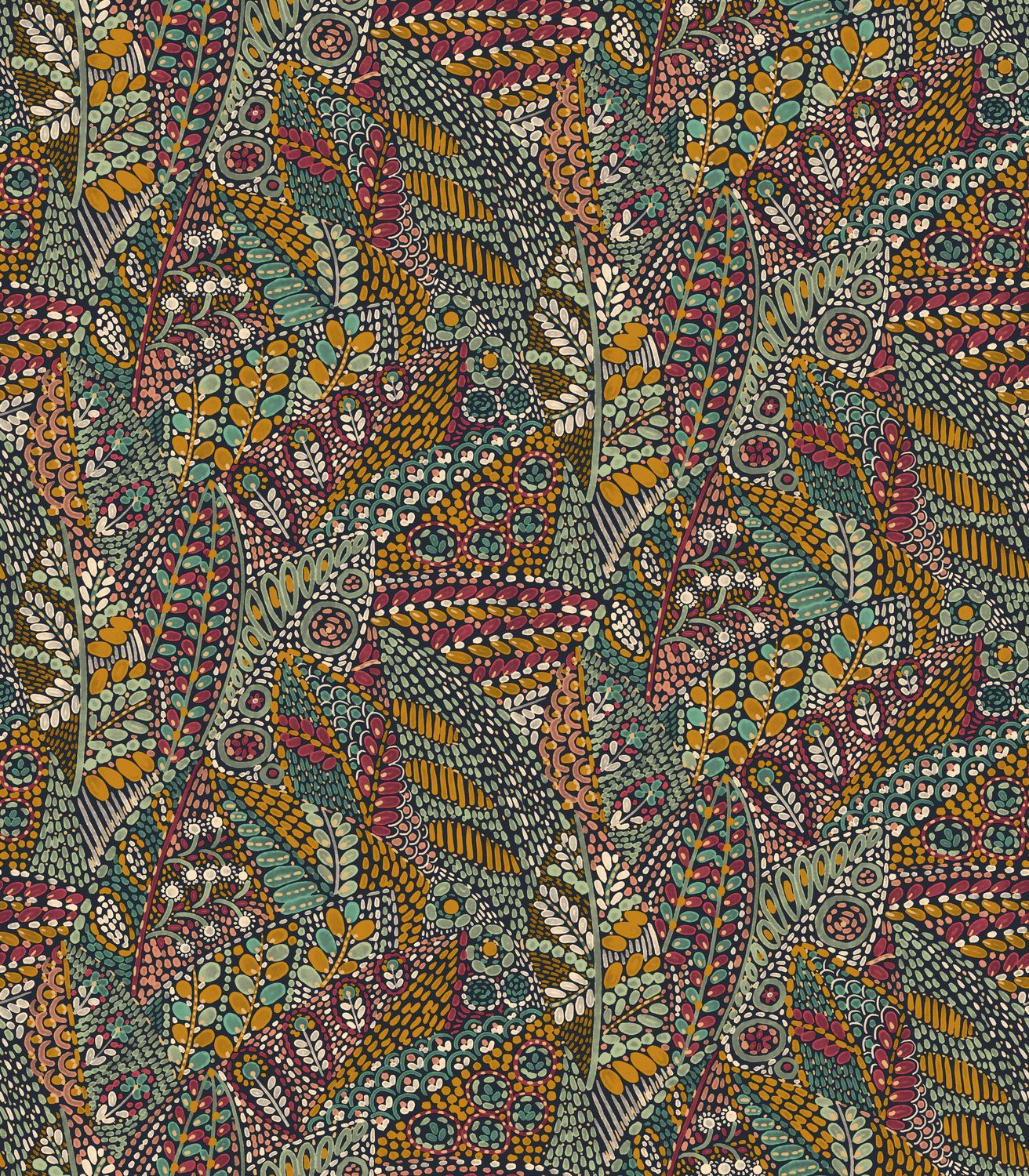 Talavera Leaf Pattern Wallpaper - Multicolor Green with Burgundy and Orange
