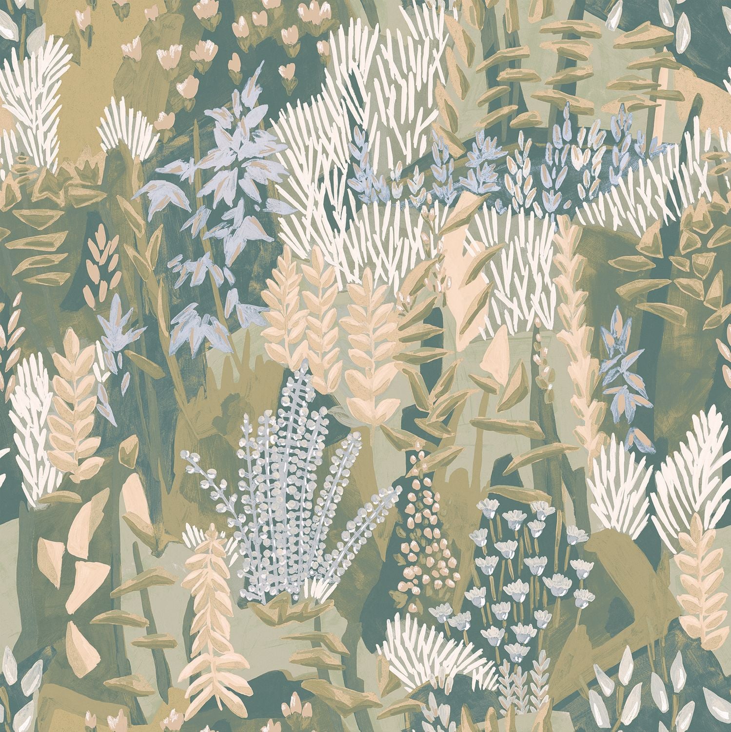 Plant-themed wallpaper with leaves and flowers ERICA - SAGE/LILAC gray-green