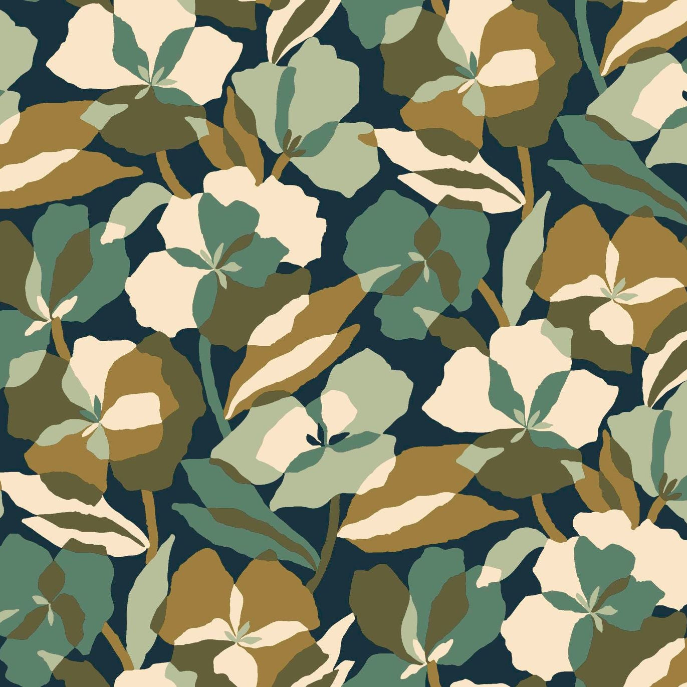 Amaryllis Floral Pattern Wallpaper - Marine/Gold Green with Beige