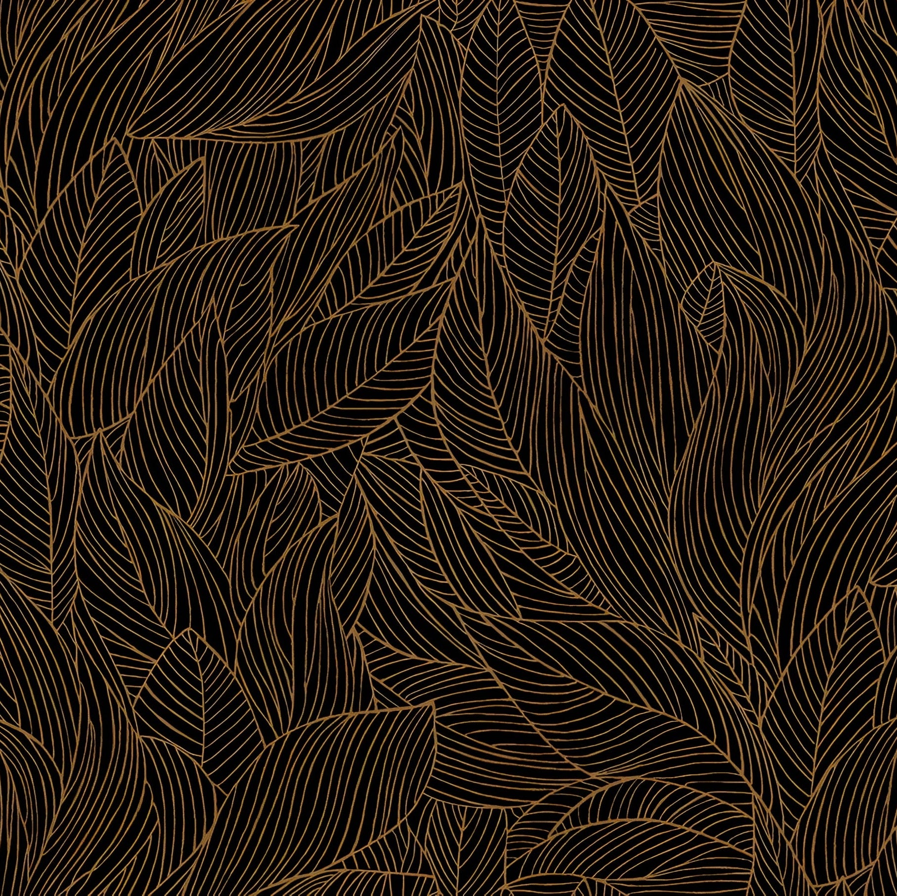 Wallpaper with a plant leaf motif and metallic effect HOSTA - NOIR/DORÉ black with gold
