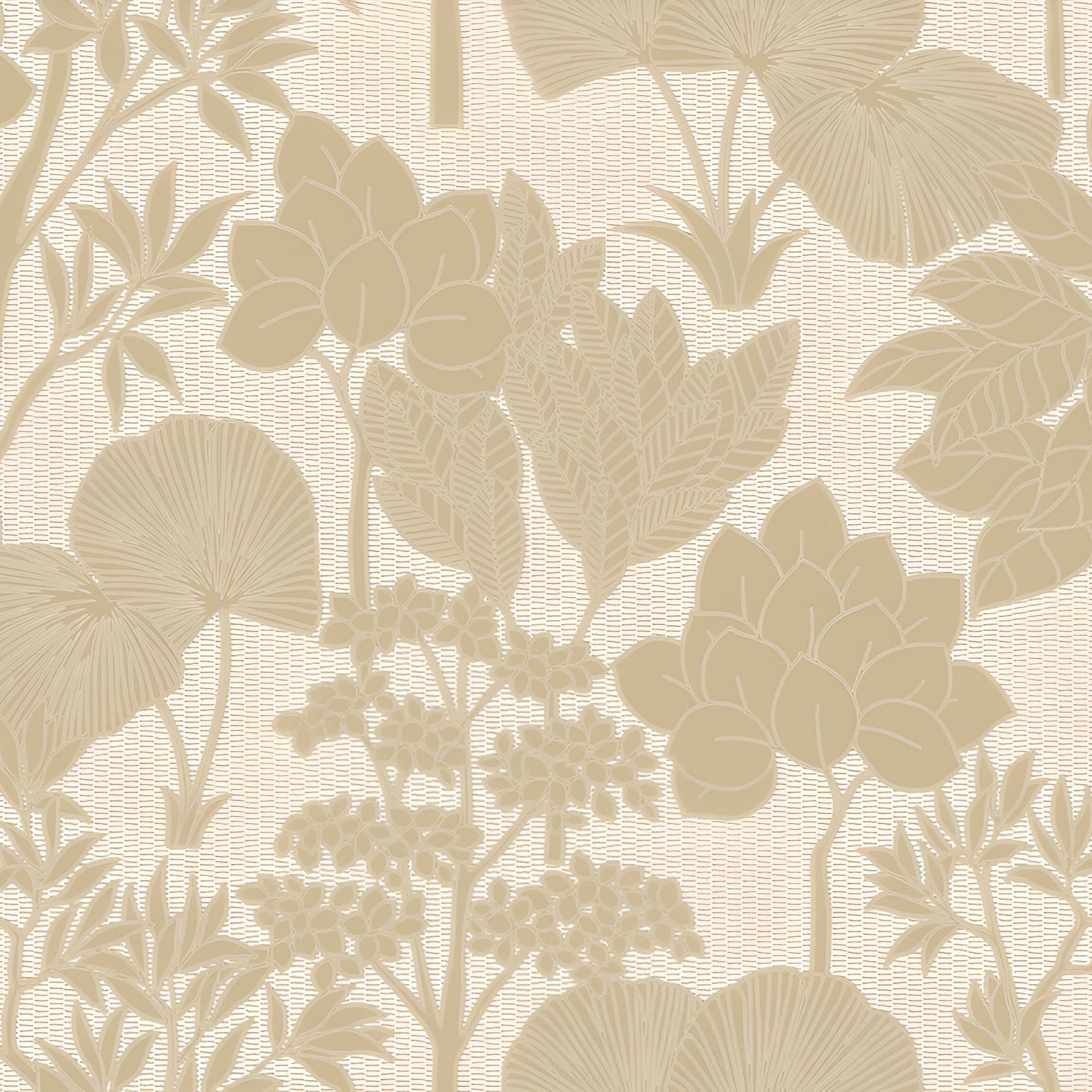 Structural wallpaper with a floral pattern of leaves and flowers INARA - AMANDE/DORÉ light beige