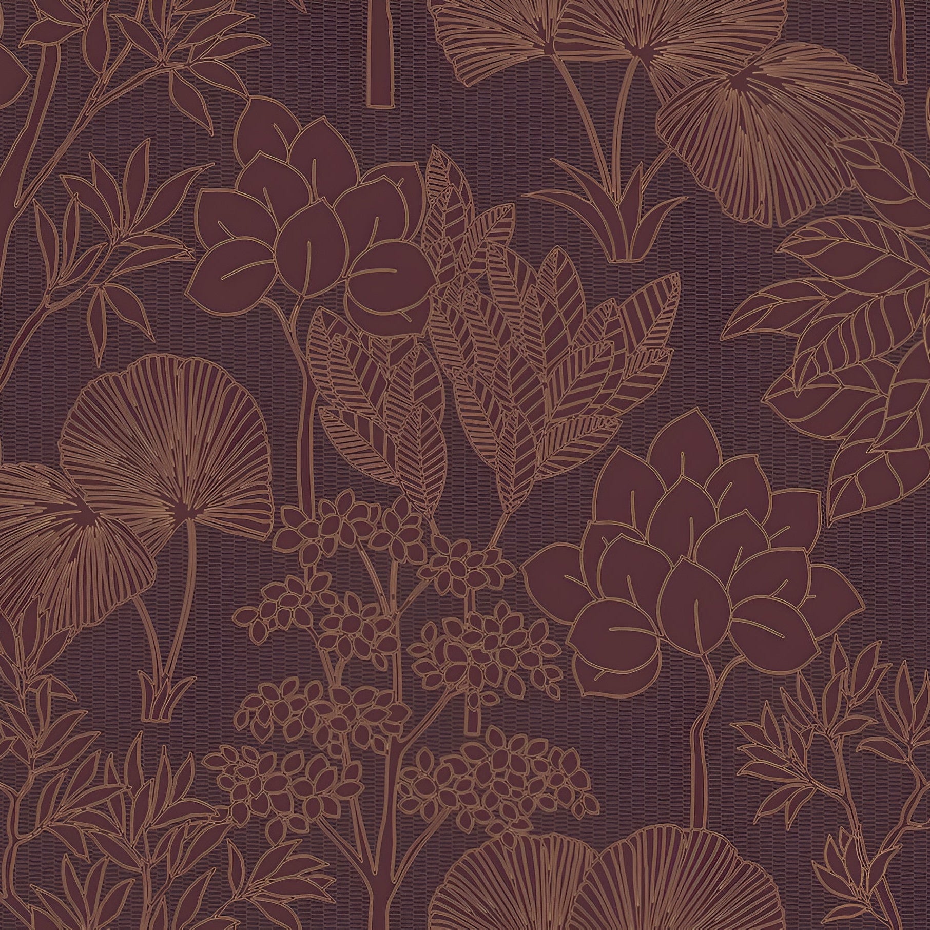 Structuurtapijt met een plantaardig patroon van bladeren en bloemen INARA - PURPER bruin