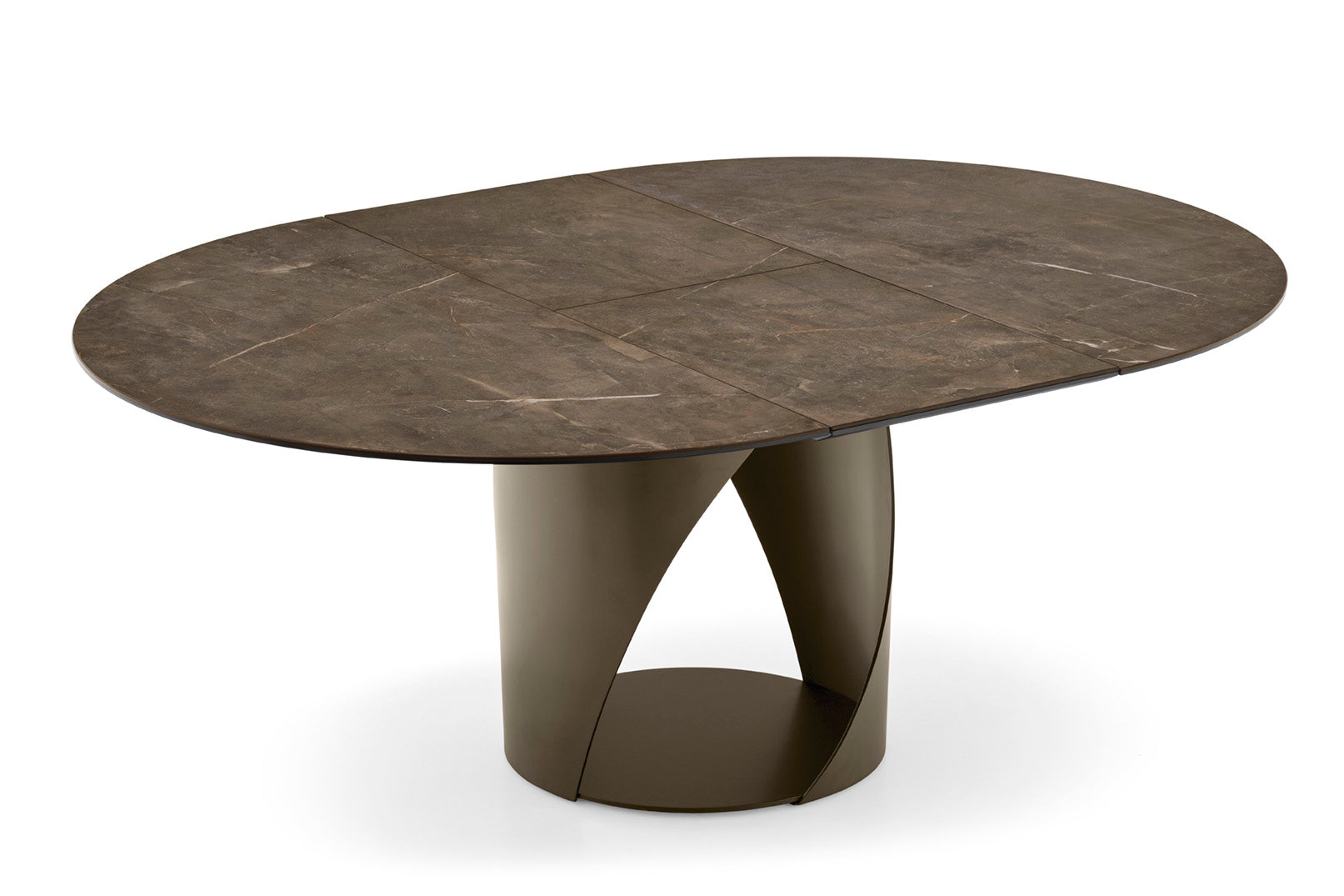 Ronde uitschuifbare tafel CYCLONE met een bruine blad en bruine basis