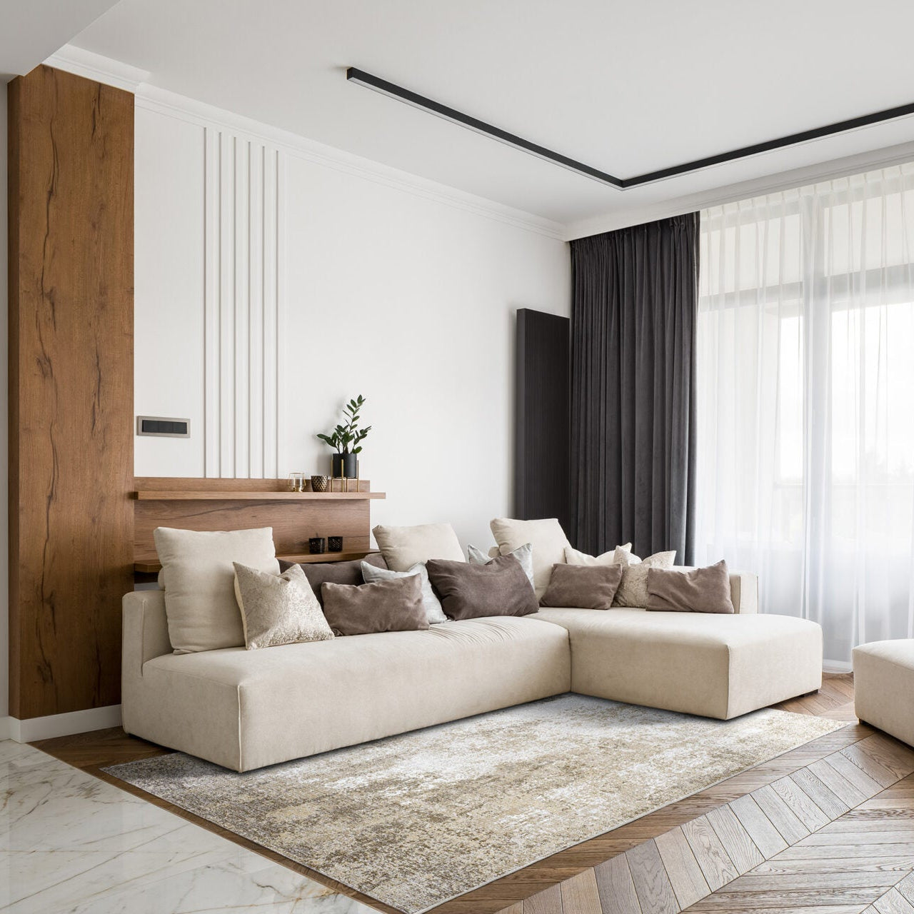 DECO RUGS Beige Carpet with White