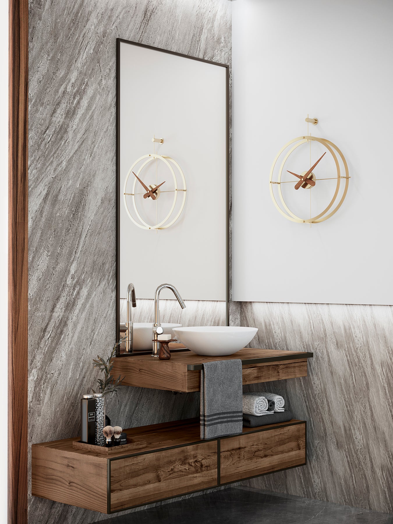 Wanduhr DOS PUNTOS PREMIUM Nussbaumholz mit messingfarbener Oberfläche