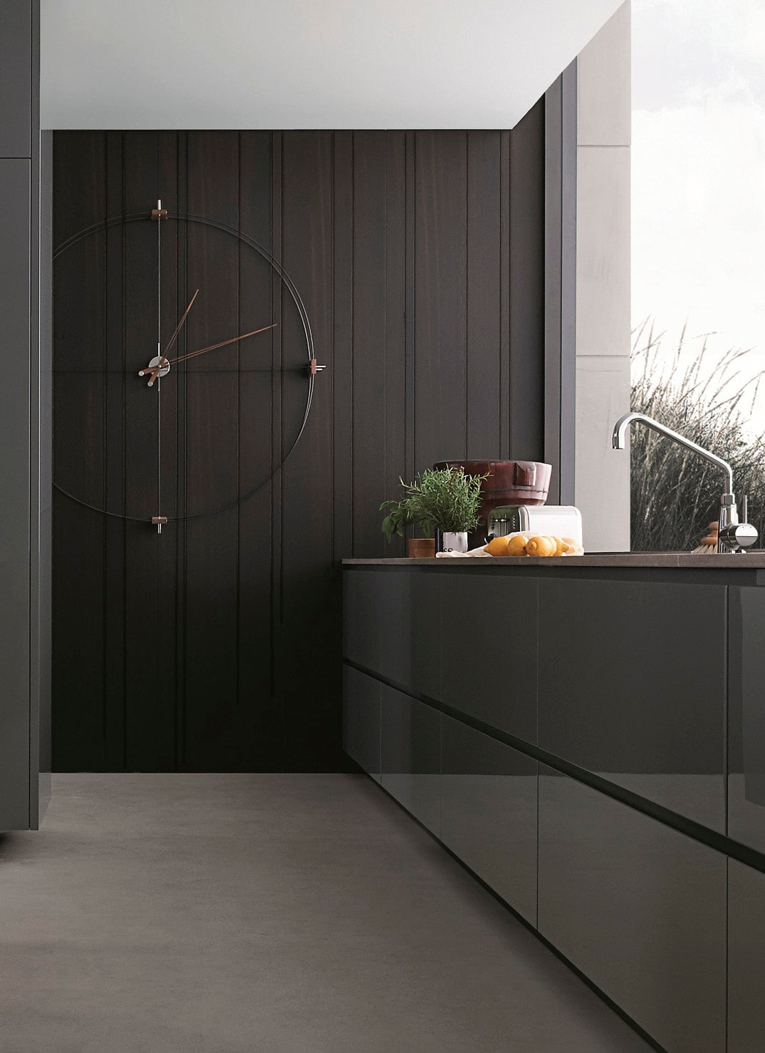 DELMORI wall clock walnut wood with black and chrome