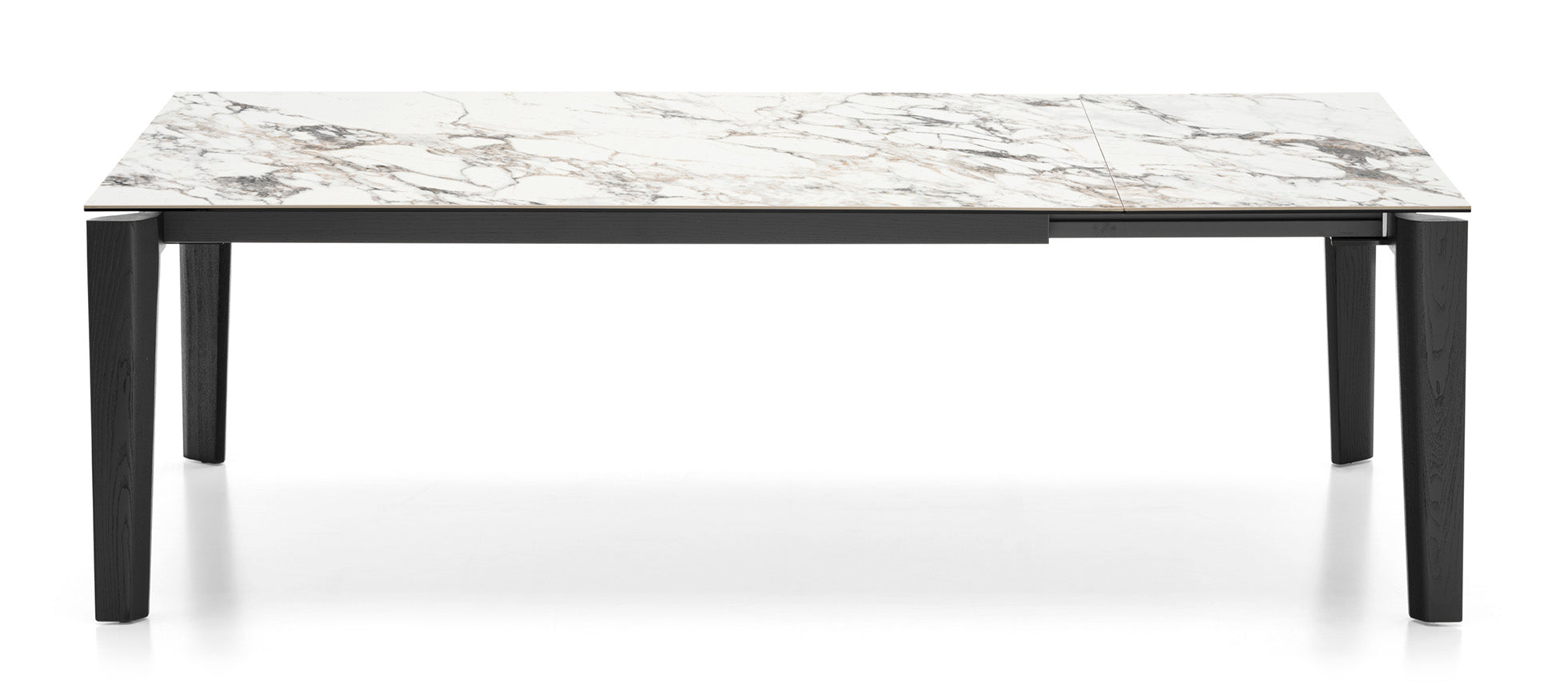 Uittrekbare tafel DOGMA met een wit blad en een zwarte basis