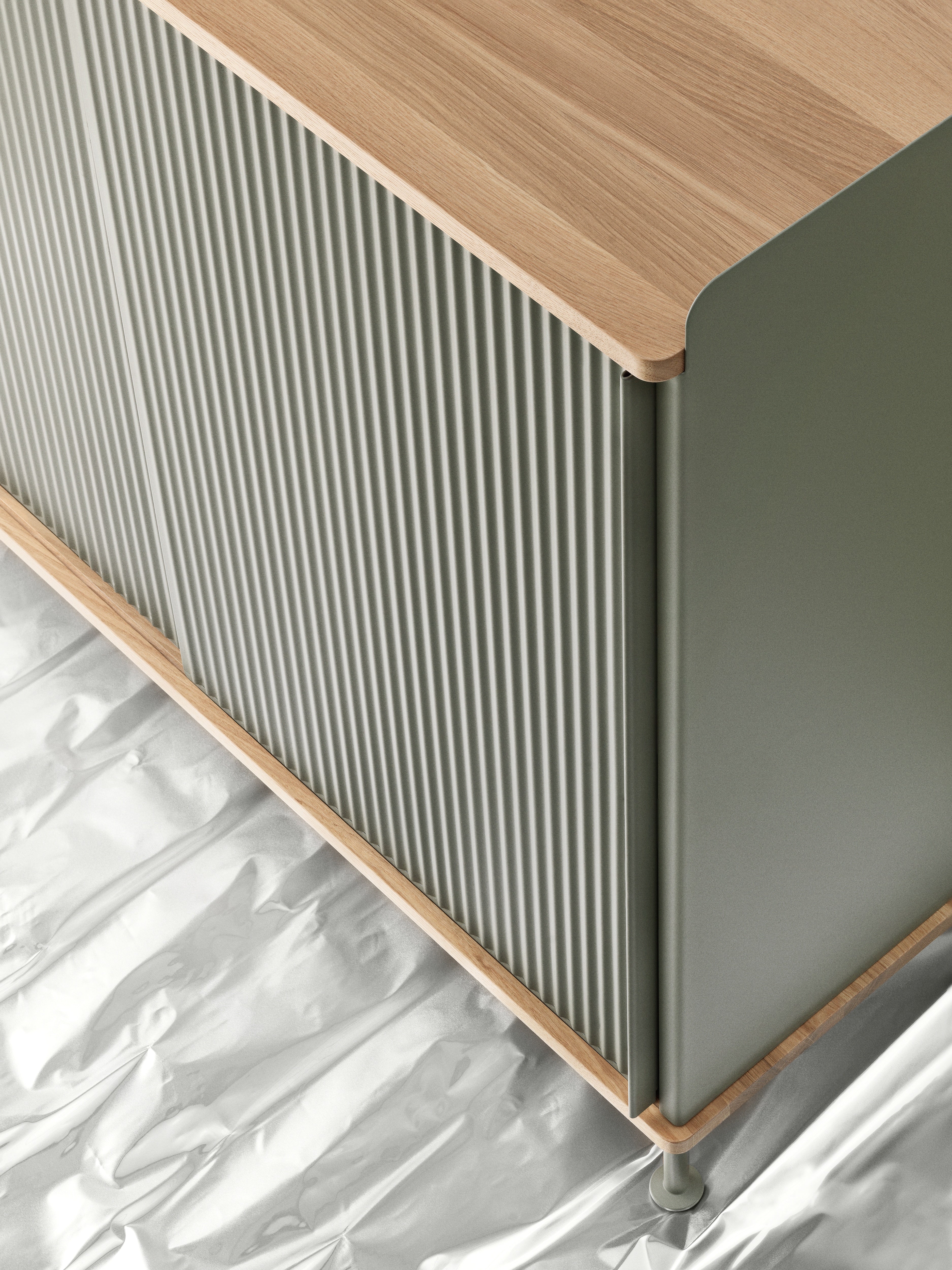 ENFOLD Chest of Drawers in Dirty Green with Oak Top