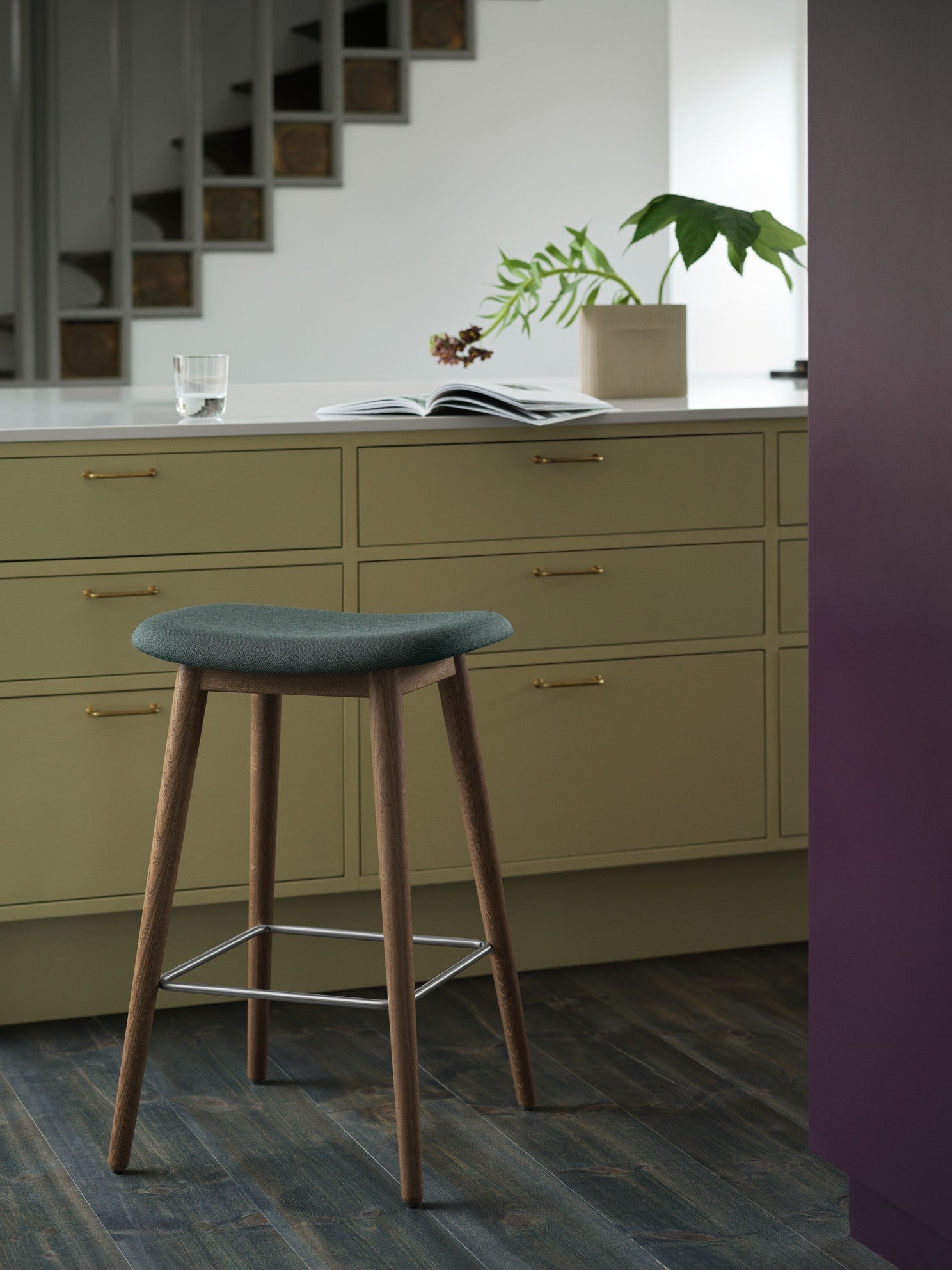 Customized FIBER Stool with Upholstered Seat and Wooden Base