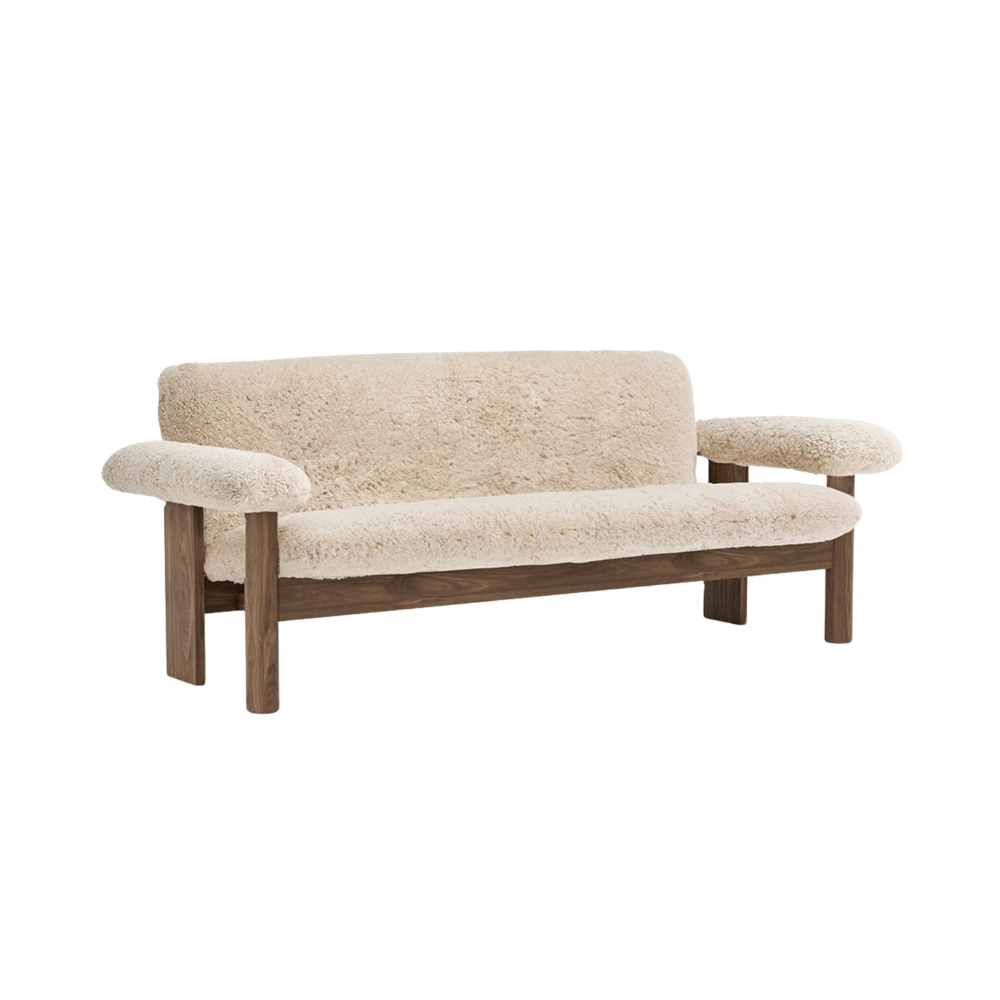 Sofa BRASILIA schapenleer met notenhouten basis