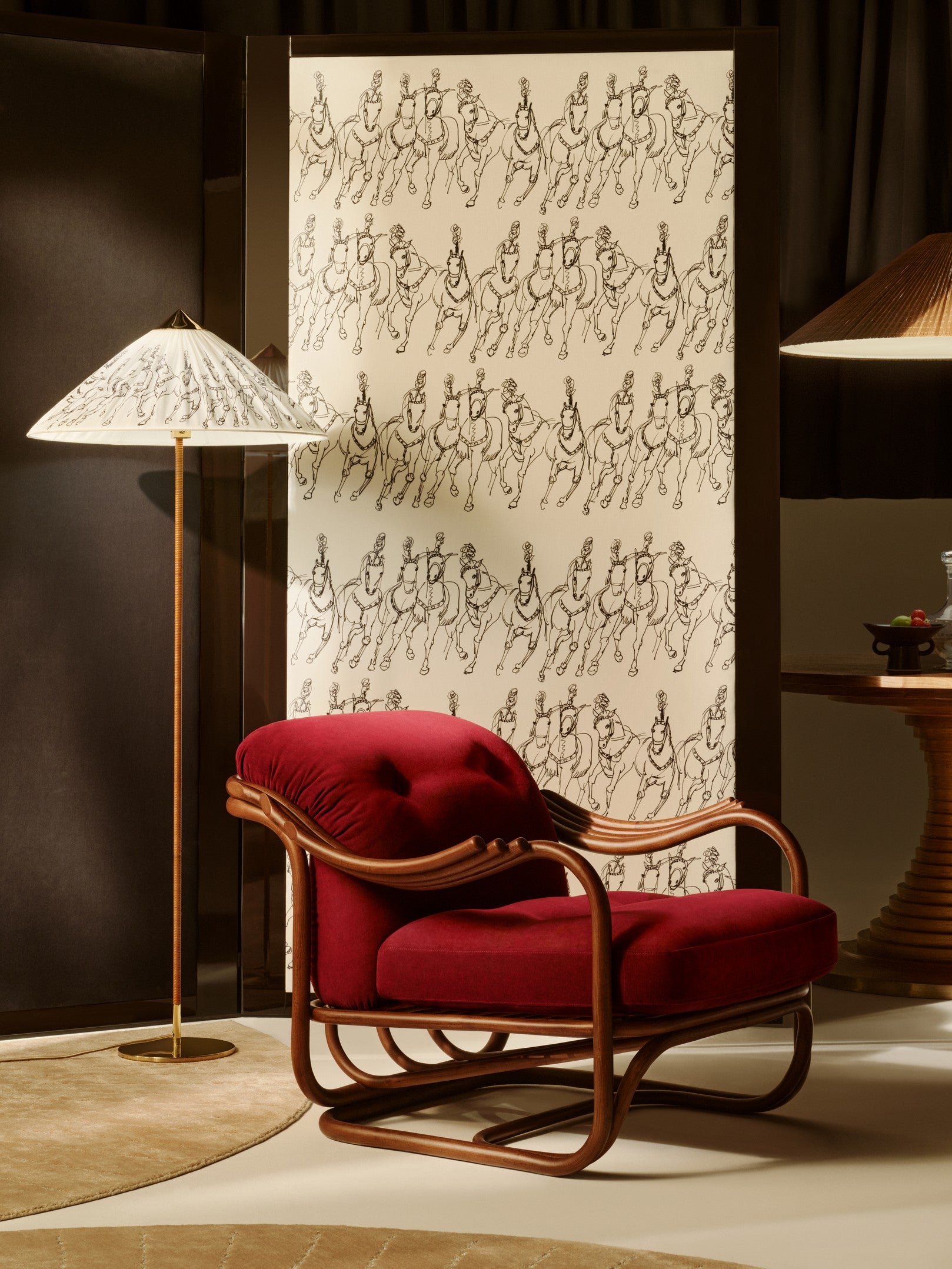 Lampa podłogowa 9602 mosiądz z wiklinowym kloszem