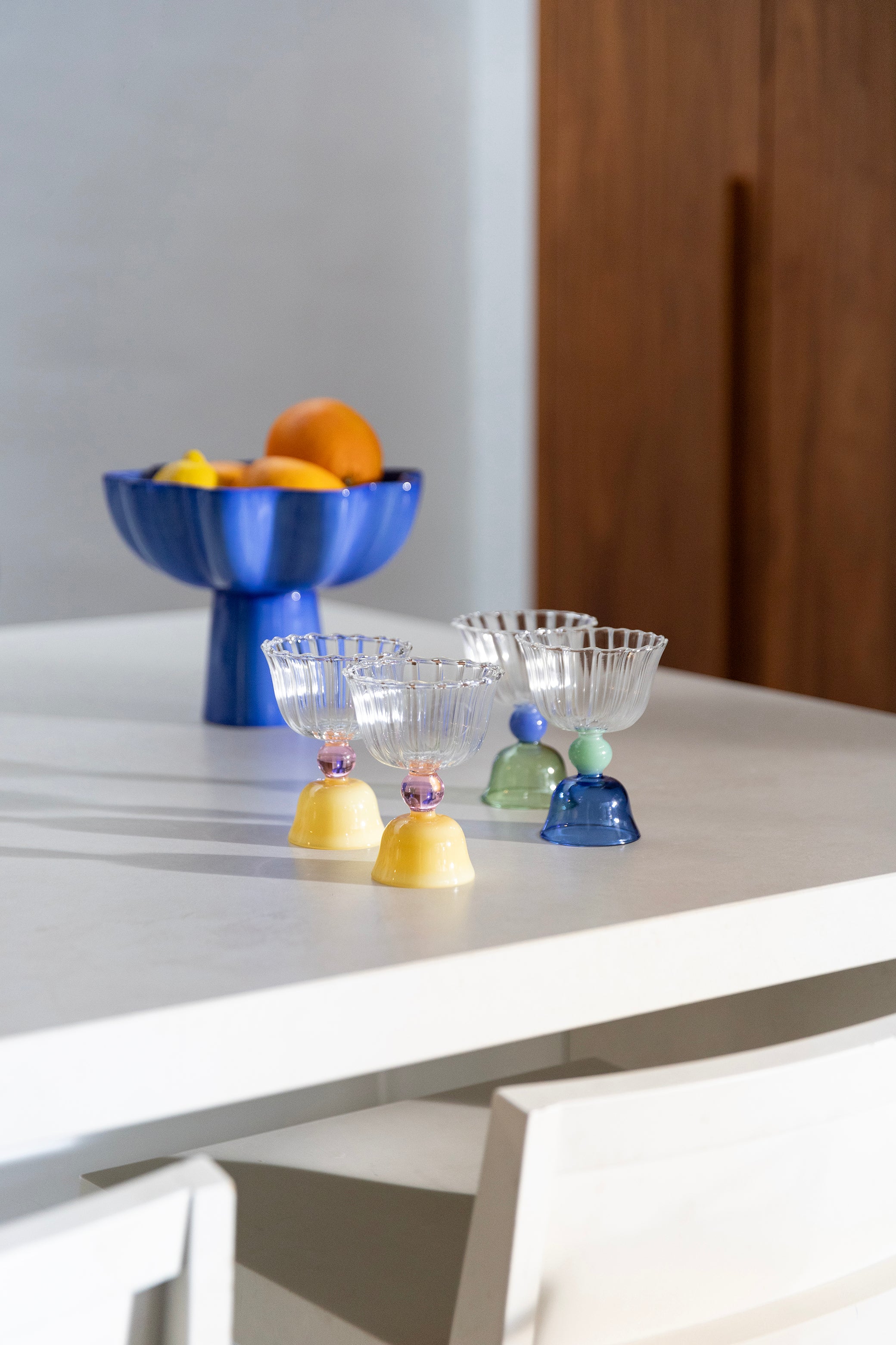 Set van glazen tulpkopjes geel met roze