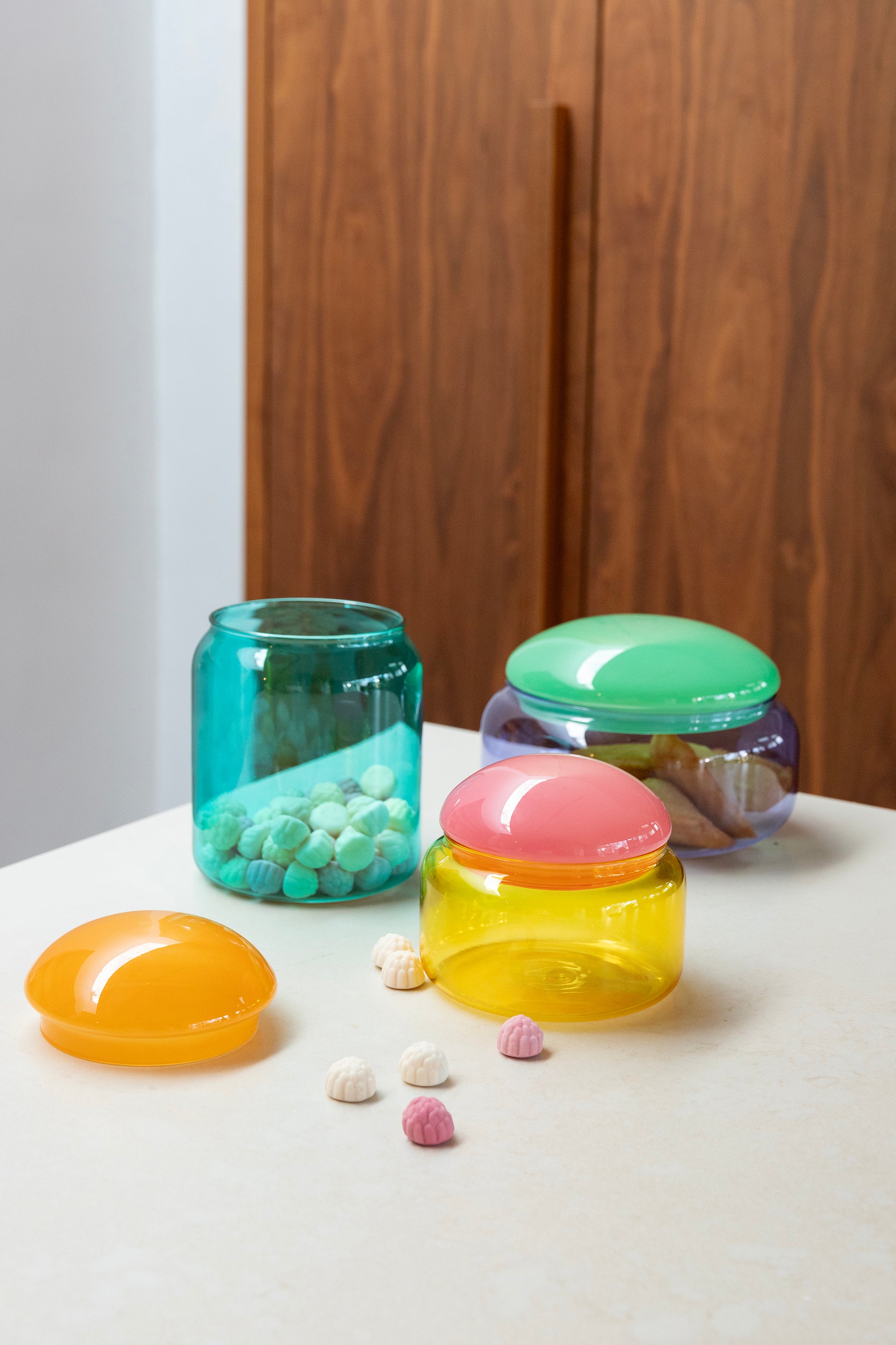 Glasbehälter PUFFY gelb mit rosa Deckel