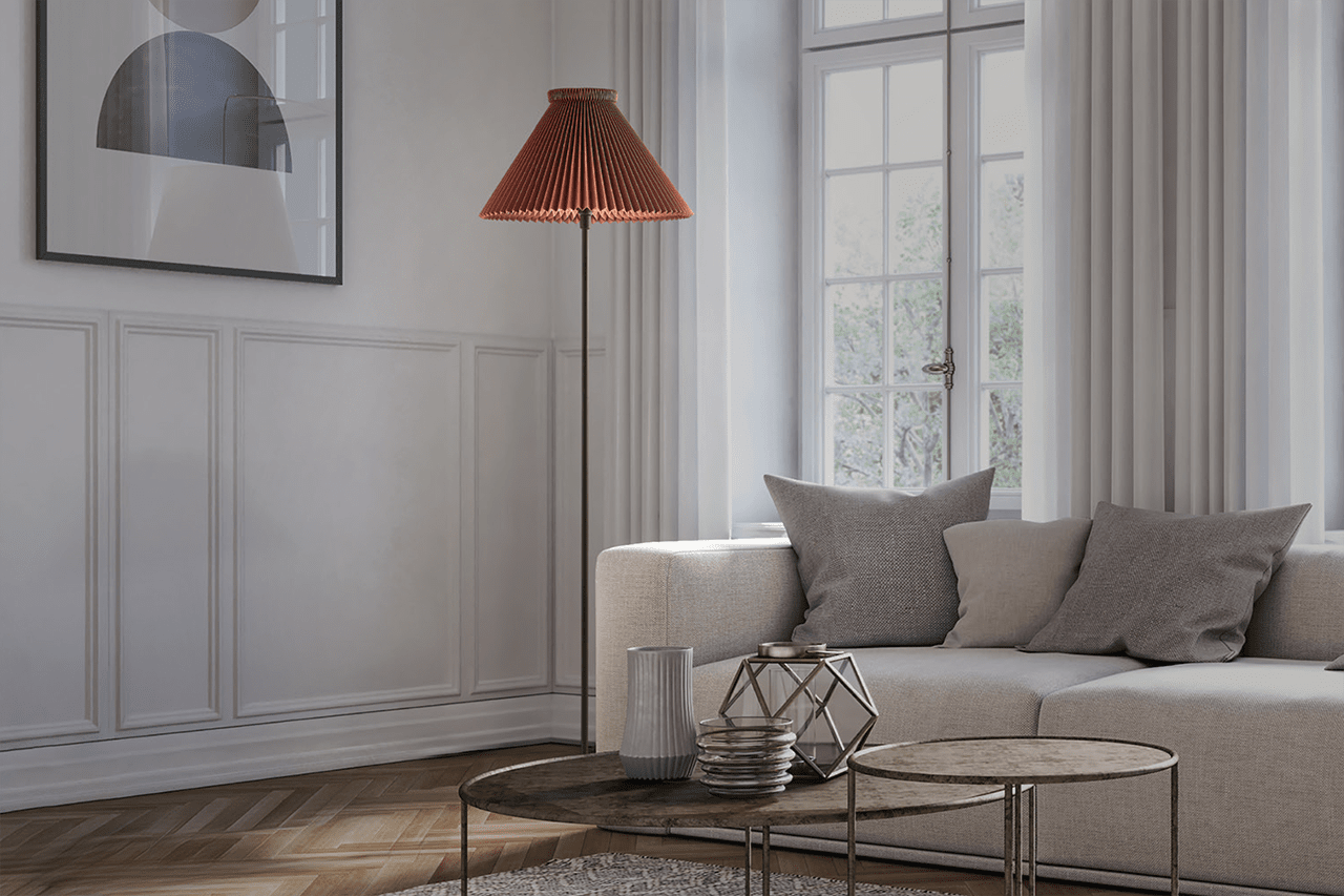 Vloerlamp MODEL 334 mosterdgeel met zwarte voet