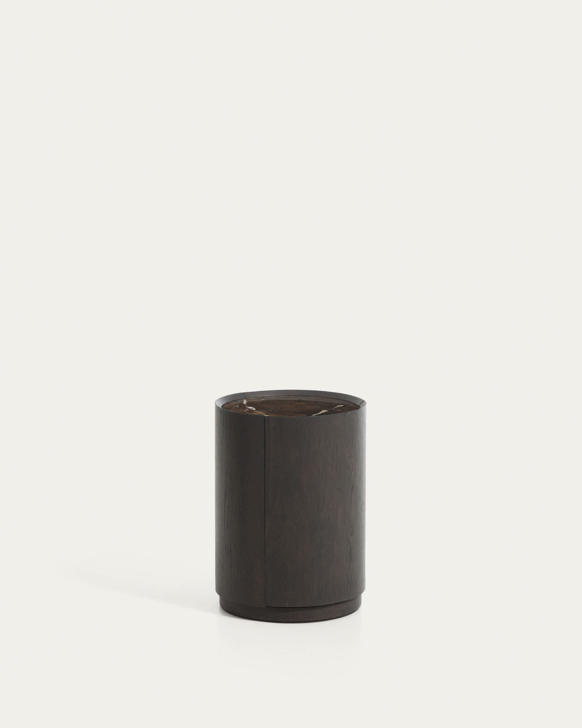 Szafka nocna okrągła NEMORE z szufladą ciemny fornir dębowy z ceramicznym blatem – ujęcie 6