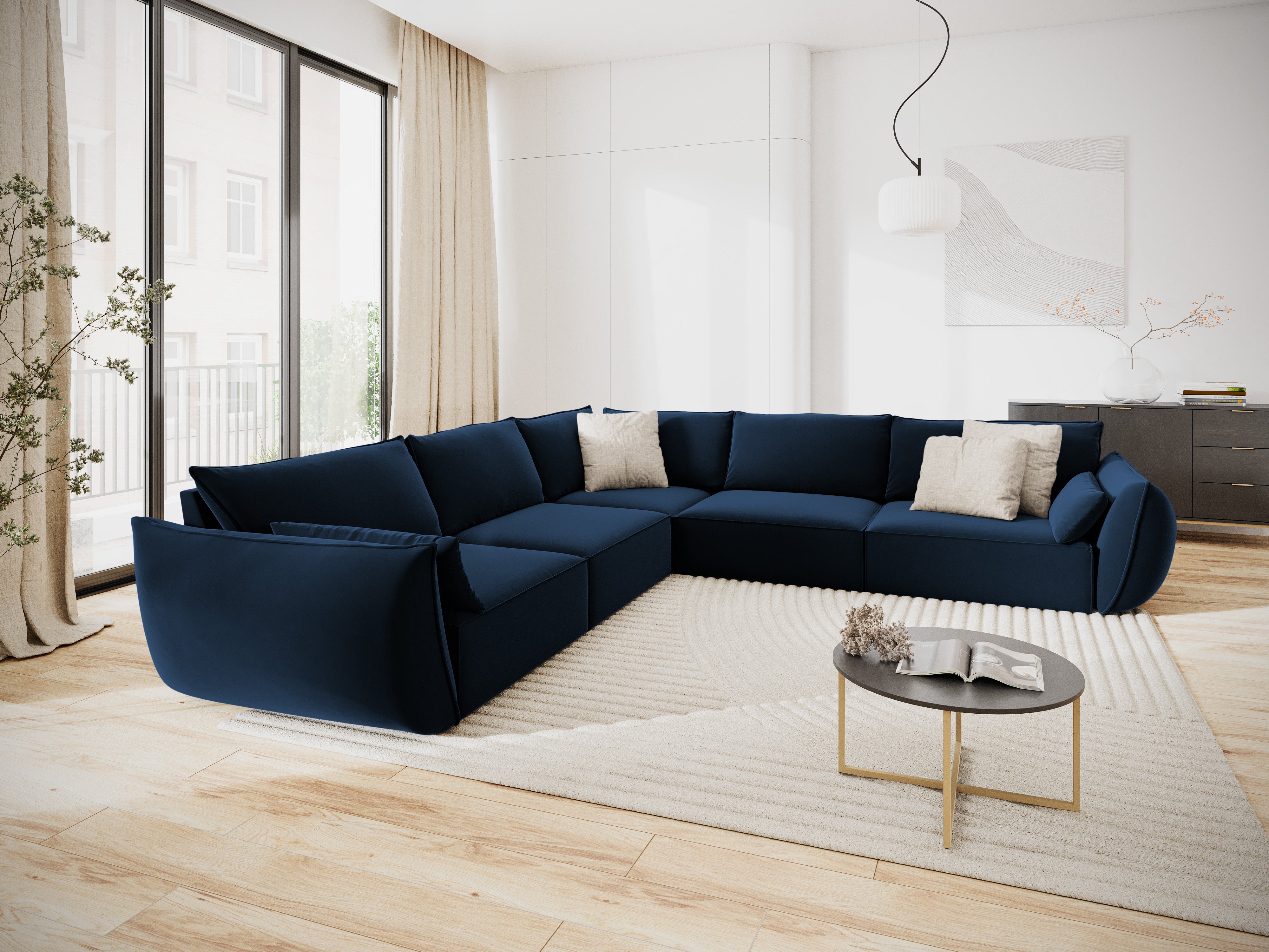 Symmetrische fluwelen hoekbank VANDA marineblauw
