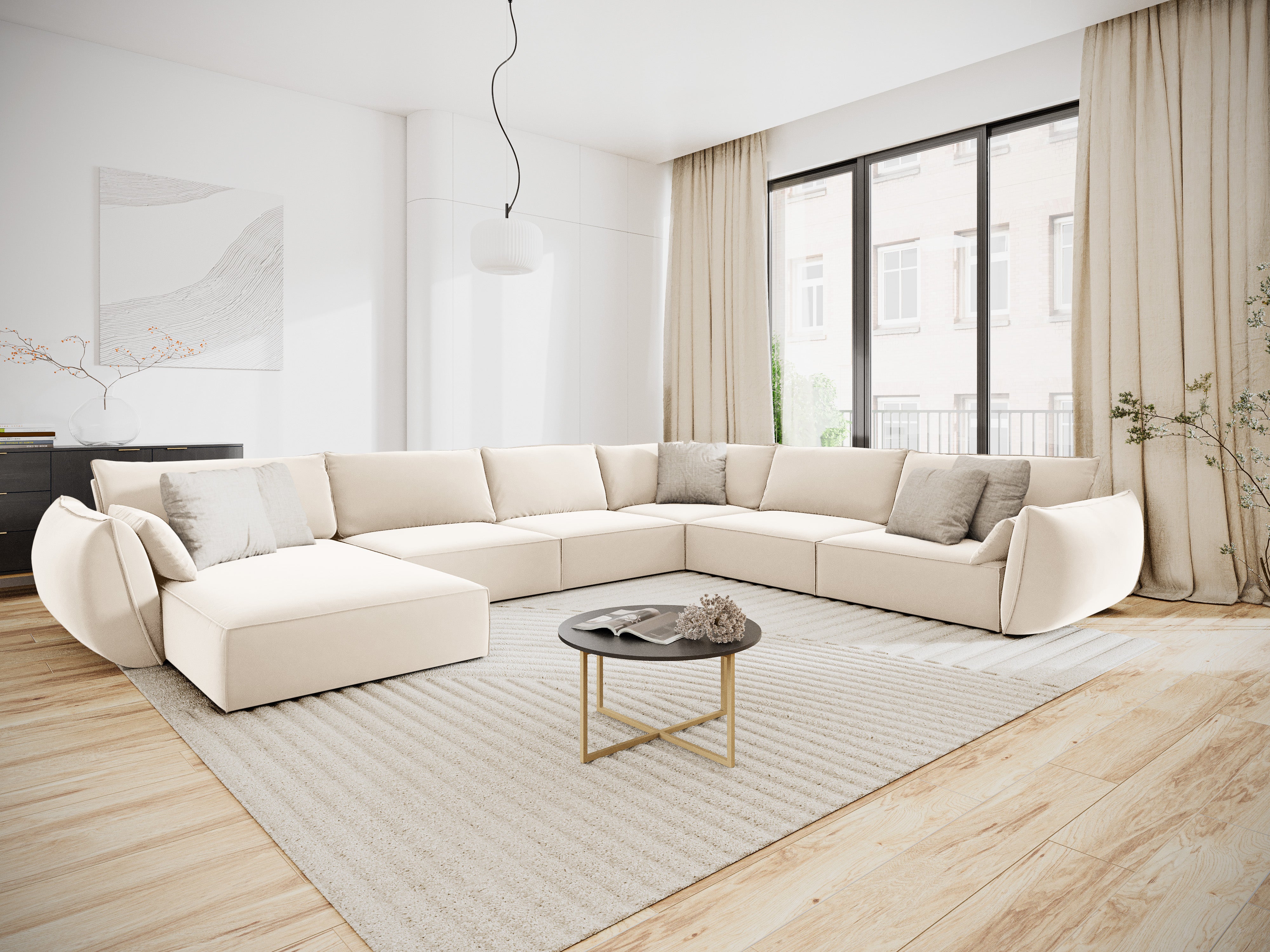 Beige rechtse panoramische fluwelen hoekbank VANDA